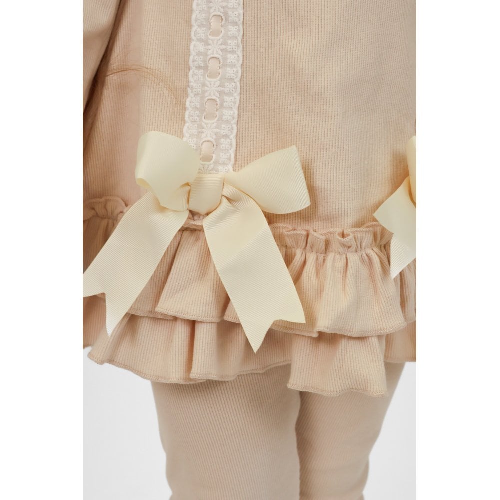 Sophia Girls Ribbed Frilly Ruffle Set Beige