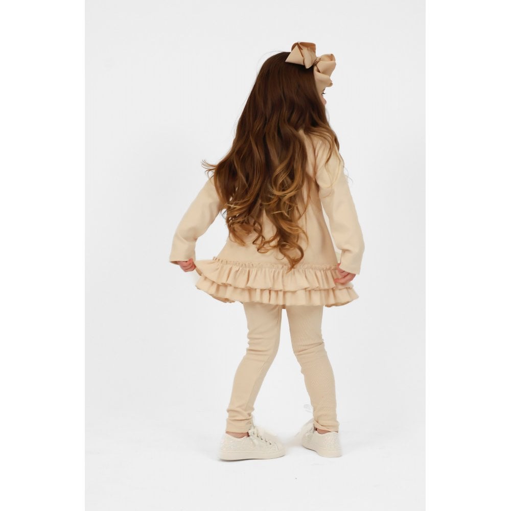 Sophia Girls Ribbed Frilly Ruffle Set Beige