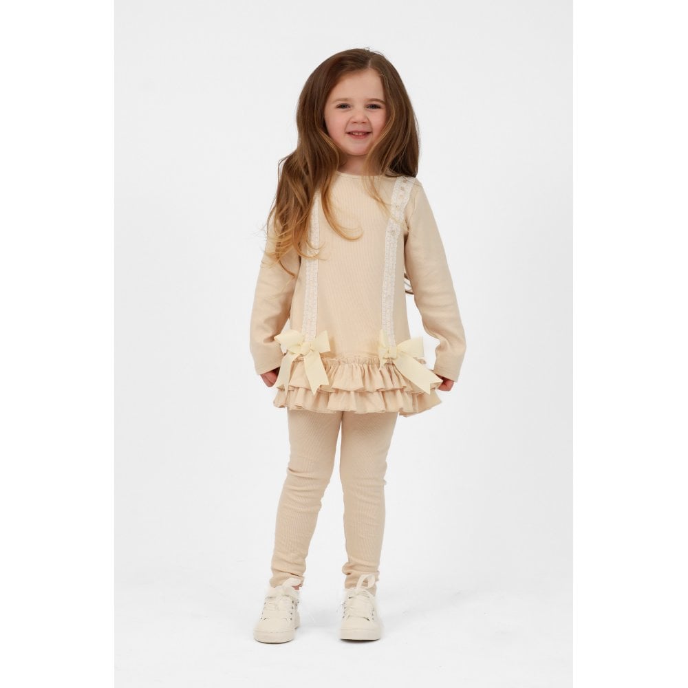 Sophia Girls Ribbed Frilly Ruffle Set Beige