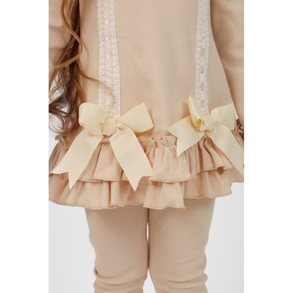 Sophia Girls Ribbed Frilly Ruffle Set Beige