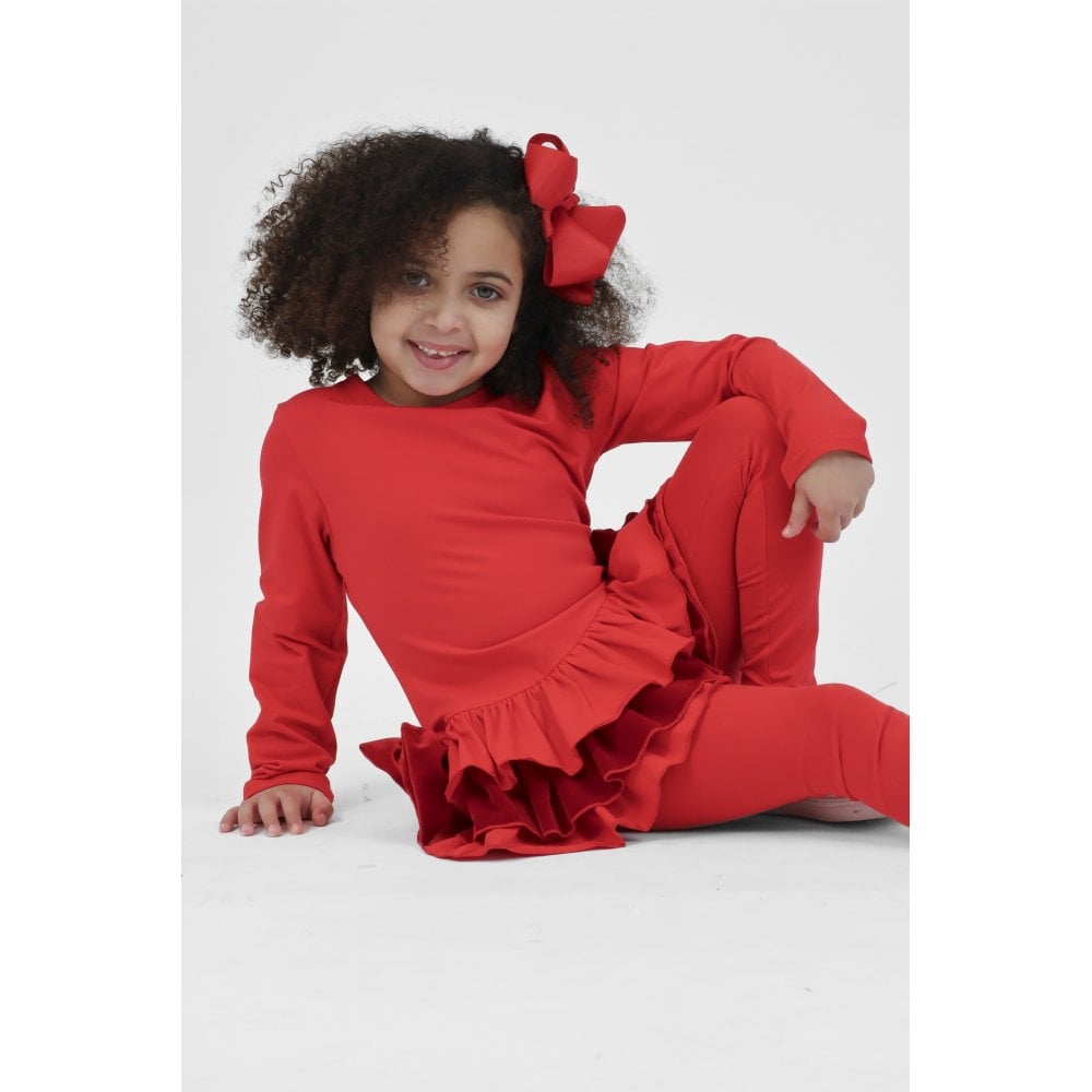 Celia Girls Frilly Velour Side Bow Legging Tracksuit Set Red