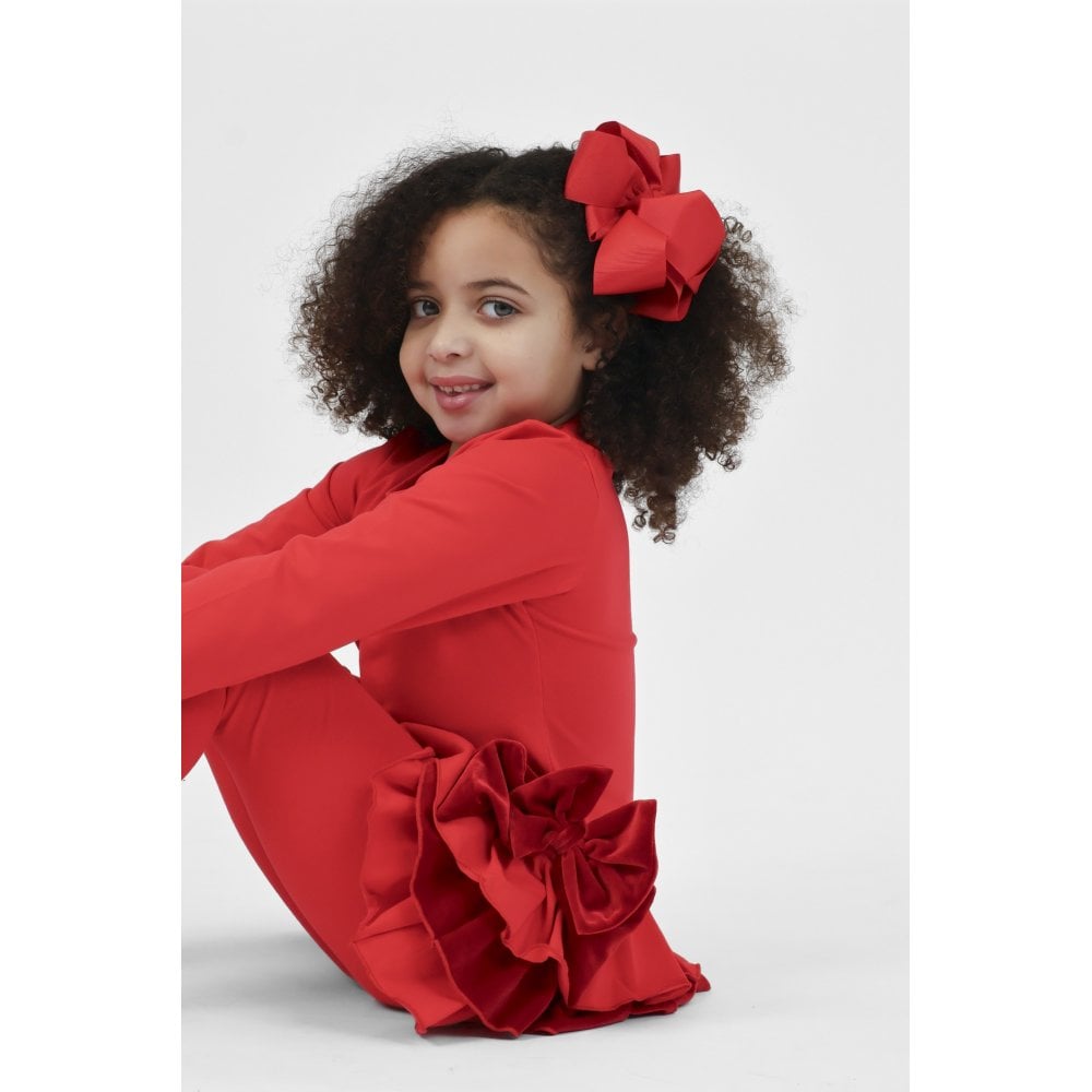 Celia Girls Frilly Velour Side Bow Legging Tracksuit Set Red