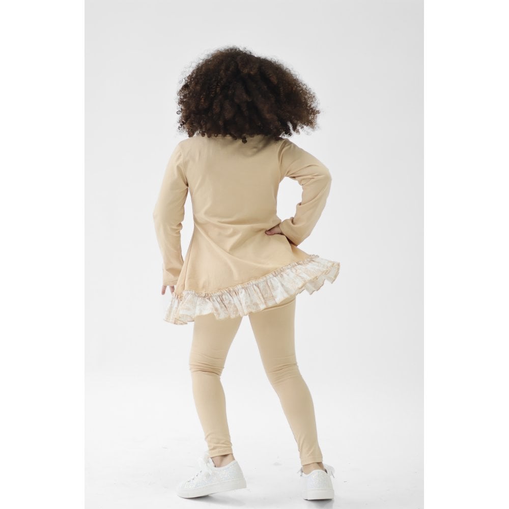 Alba Girls Beige Toile Ruffle Tracksuit