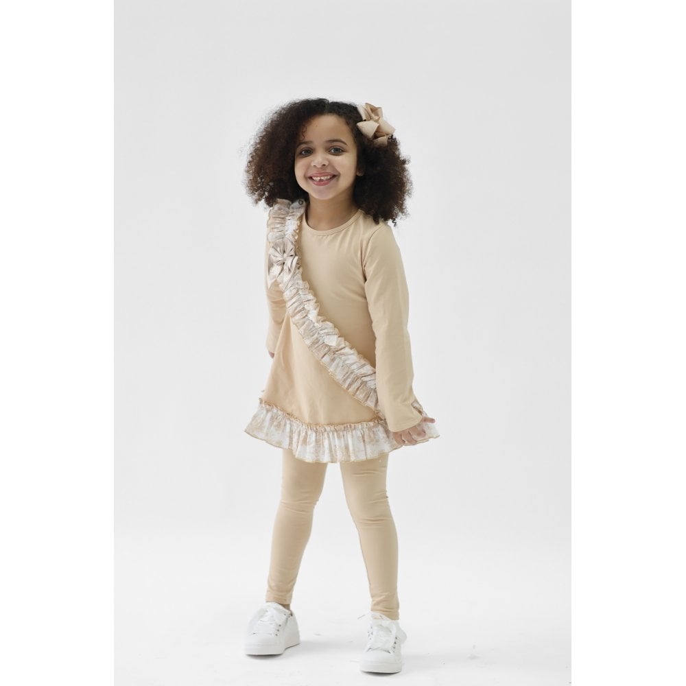 Alba Girls Beige Toile Ruffle Tracksuit