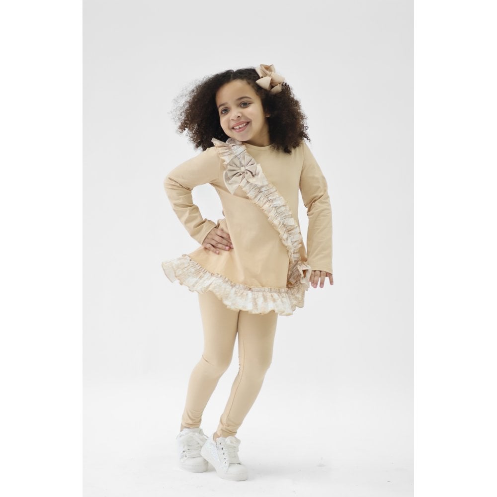 Alba Girls Beige Toile Ruffle Tracksuit