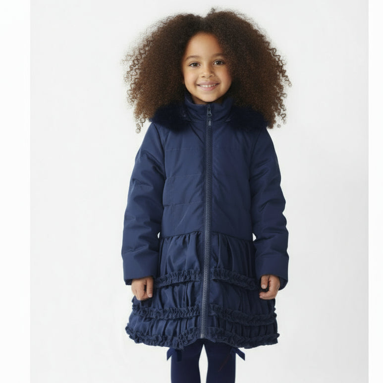 Rosie Girls Ruffle Frilly Padded Coat Navy