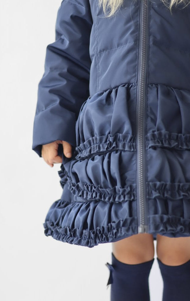 Rosie Girls Ruffle Frilly Padded Coat Navy