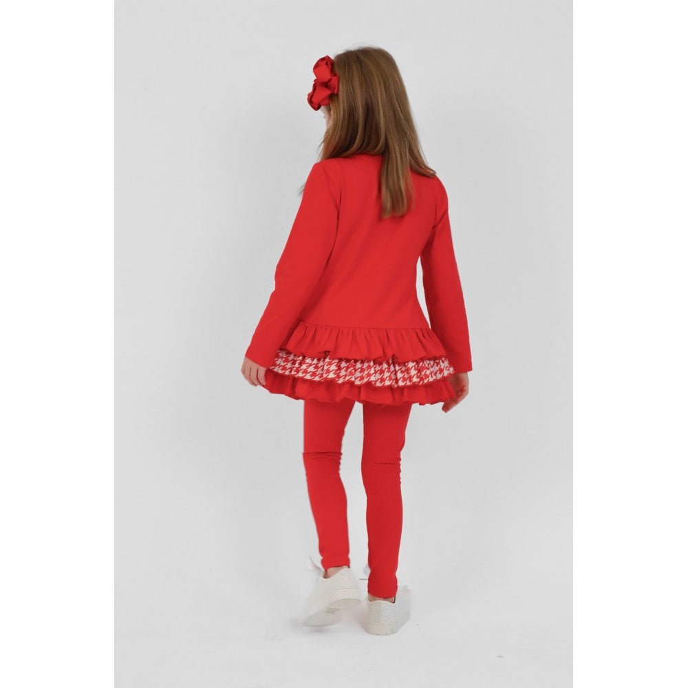 Fran Girls Frilly Dogtooth Print Tracksuit Set Red