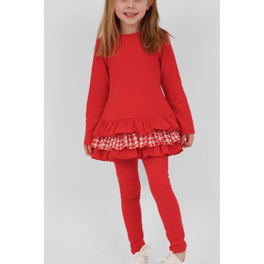 Fran Girls Frilly Dogtooth Print Tracksuit Set Red
