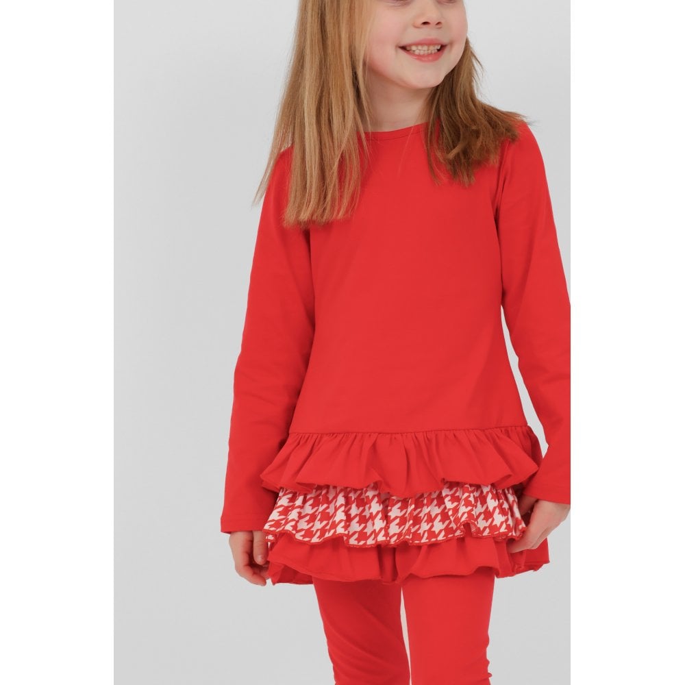 Fran Girls Frilly Dogtooth Print Tracksuit Set Red