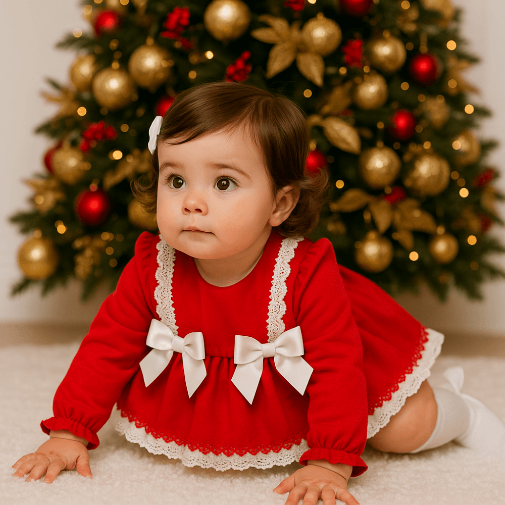 BB2535 Baby Girls Red Ceyber Frilly Bow Dress & Bloomers