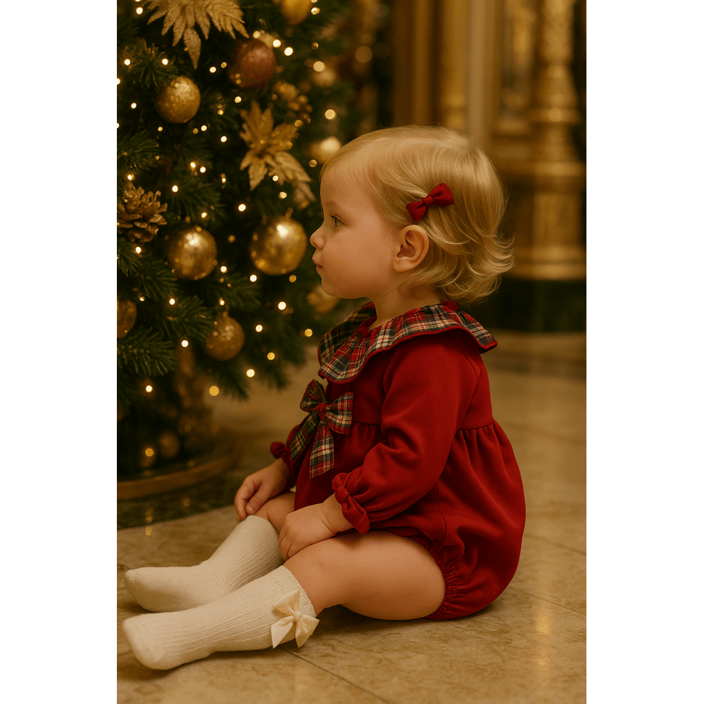 Edina Red Romper With Tartan Bow
