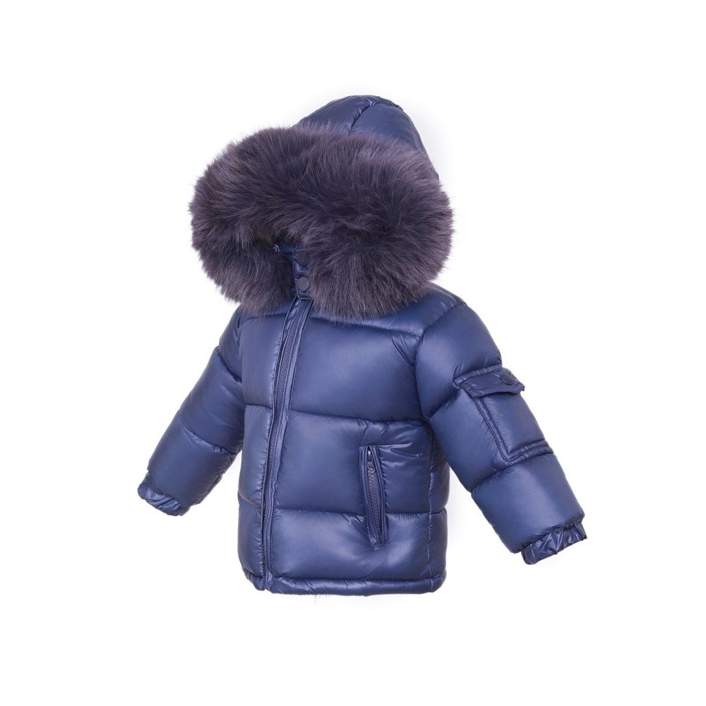 Navy Kids Faux Fur Trim Padded Puffer Coat