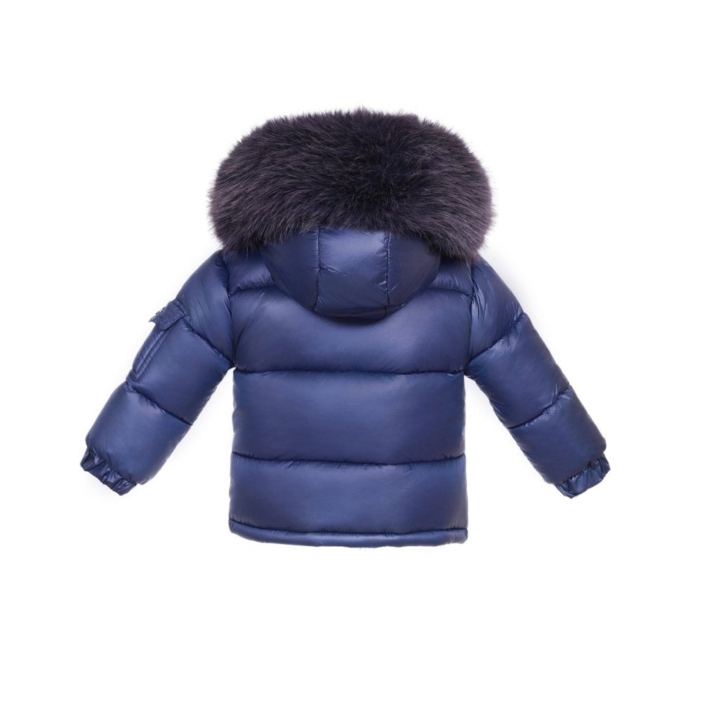 Navy Kids Faux Fur Trim Padded Puffer Coat