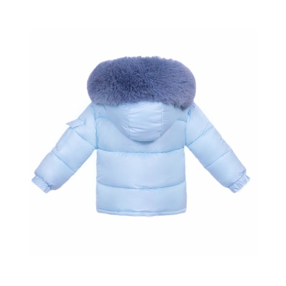Boys Blue Faux Fur Trim Padded Puffer Coat