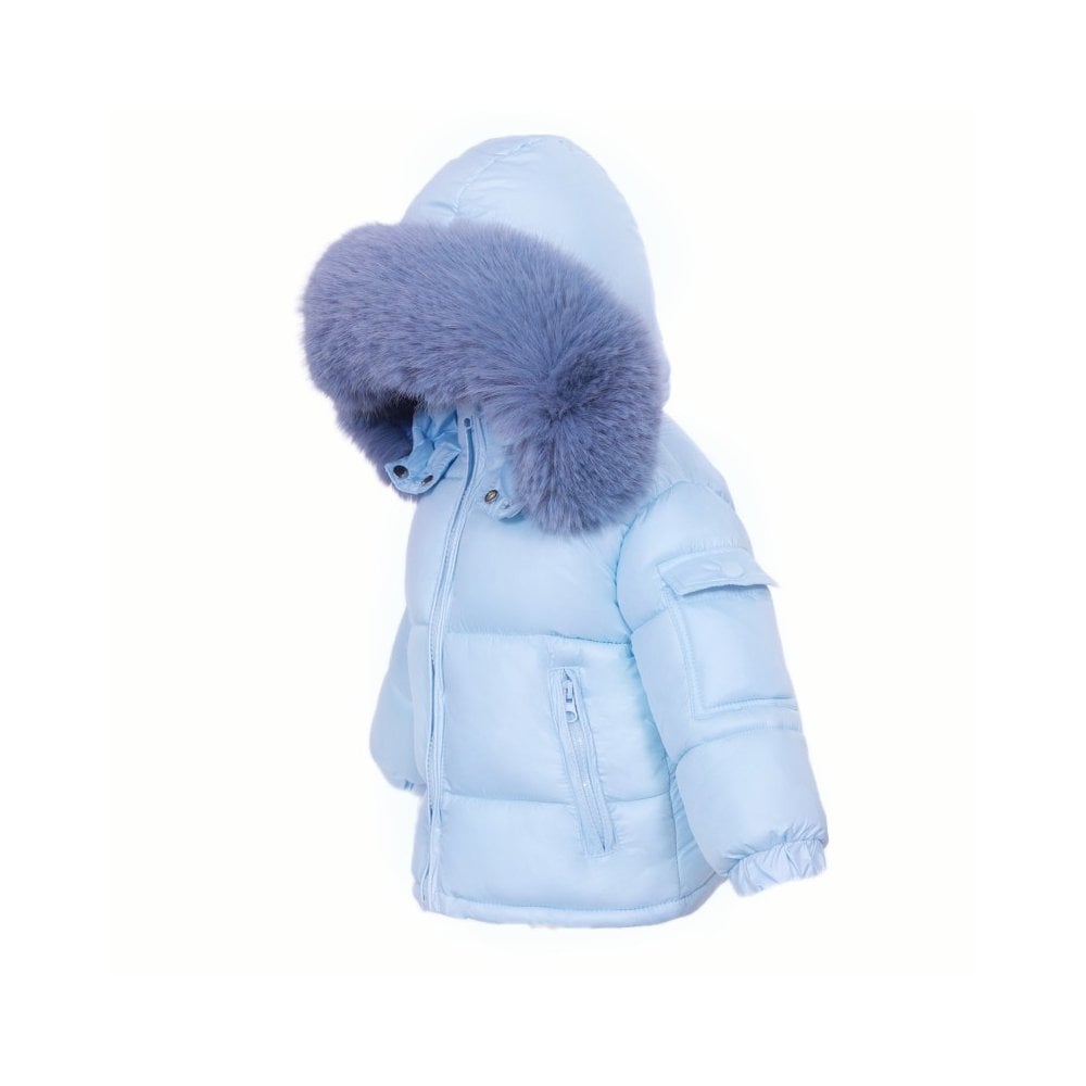 Boys Blue Faux Fur Trim Padded Puffer Coat