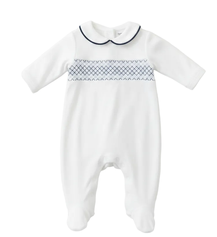 SG68 Baby Boys Peter Velour Pan Collar Smocking Babygrow White/Navy