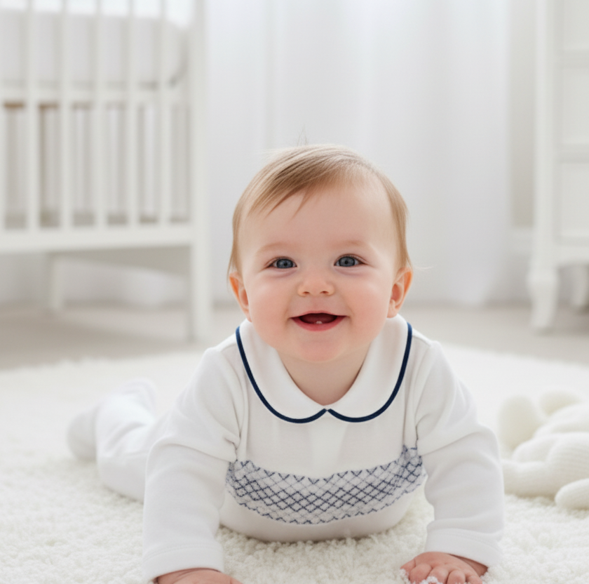 SG68 Baby Boys Peter Velour Pan Collar Smocking Babygrow White/Navy