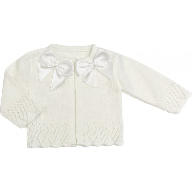 Girls Double Ribbon Bow Knitted Cardigan White