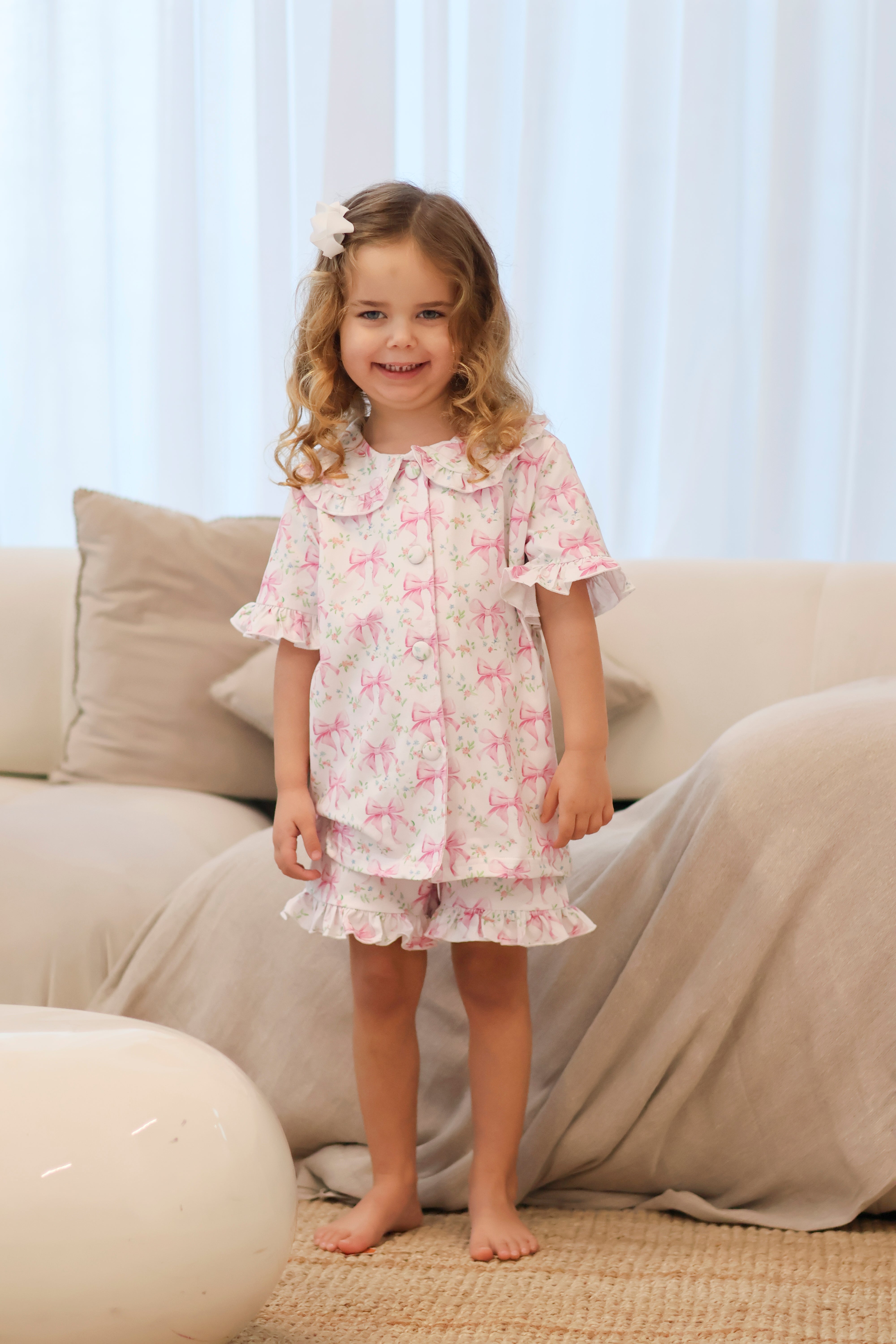 Floral Bow Short Sleeve Girls Frilly Pink Pyjamas