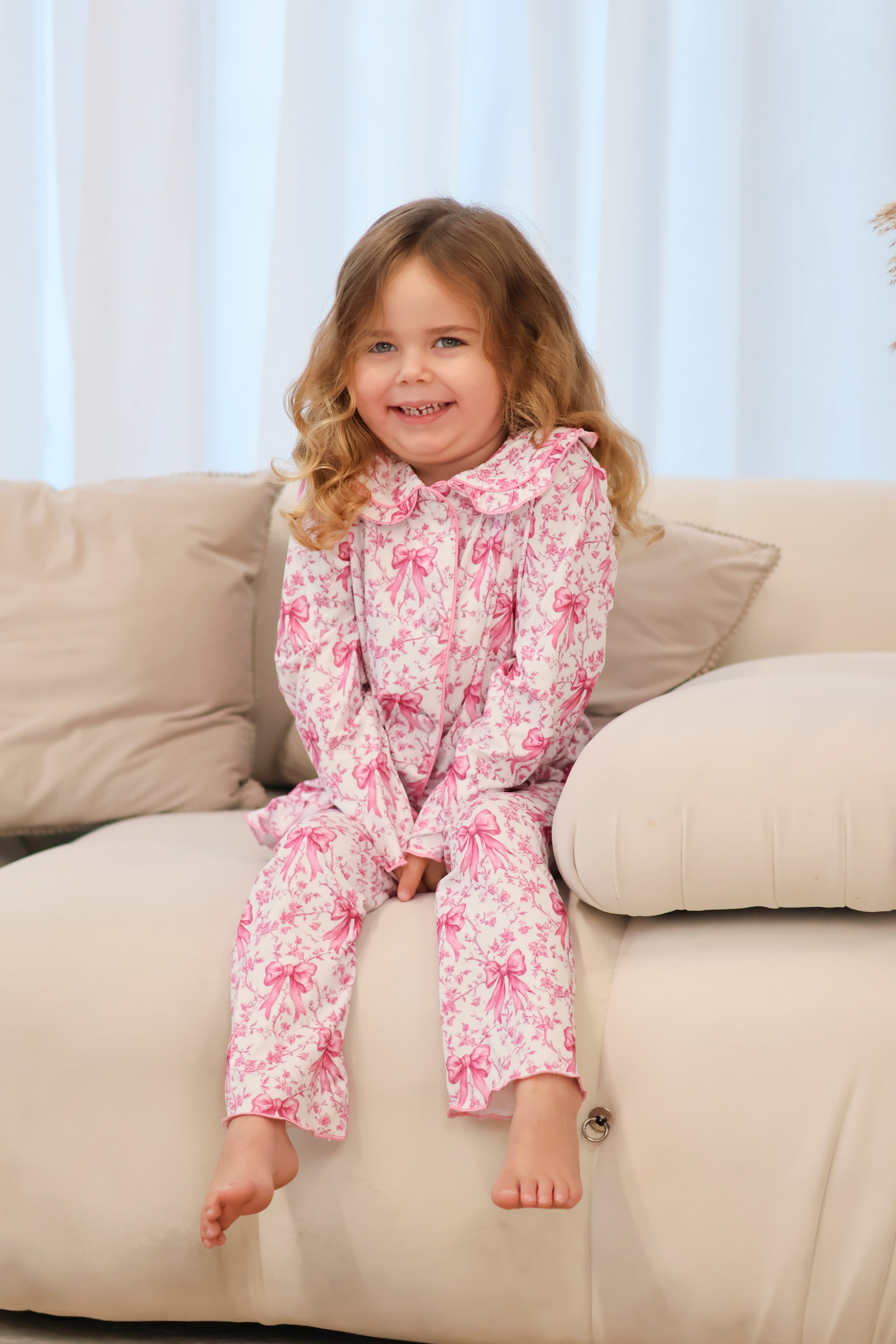 Bow Pink Print Girls Frilly Pink Pyjamas