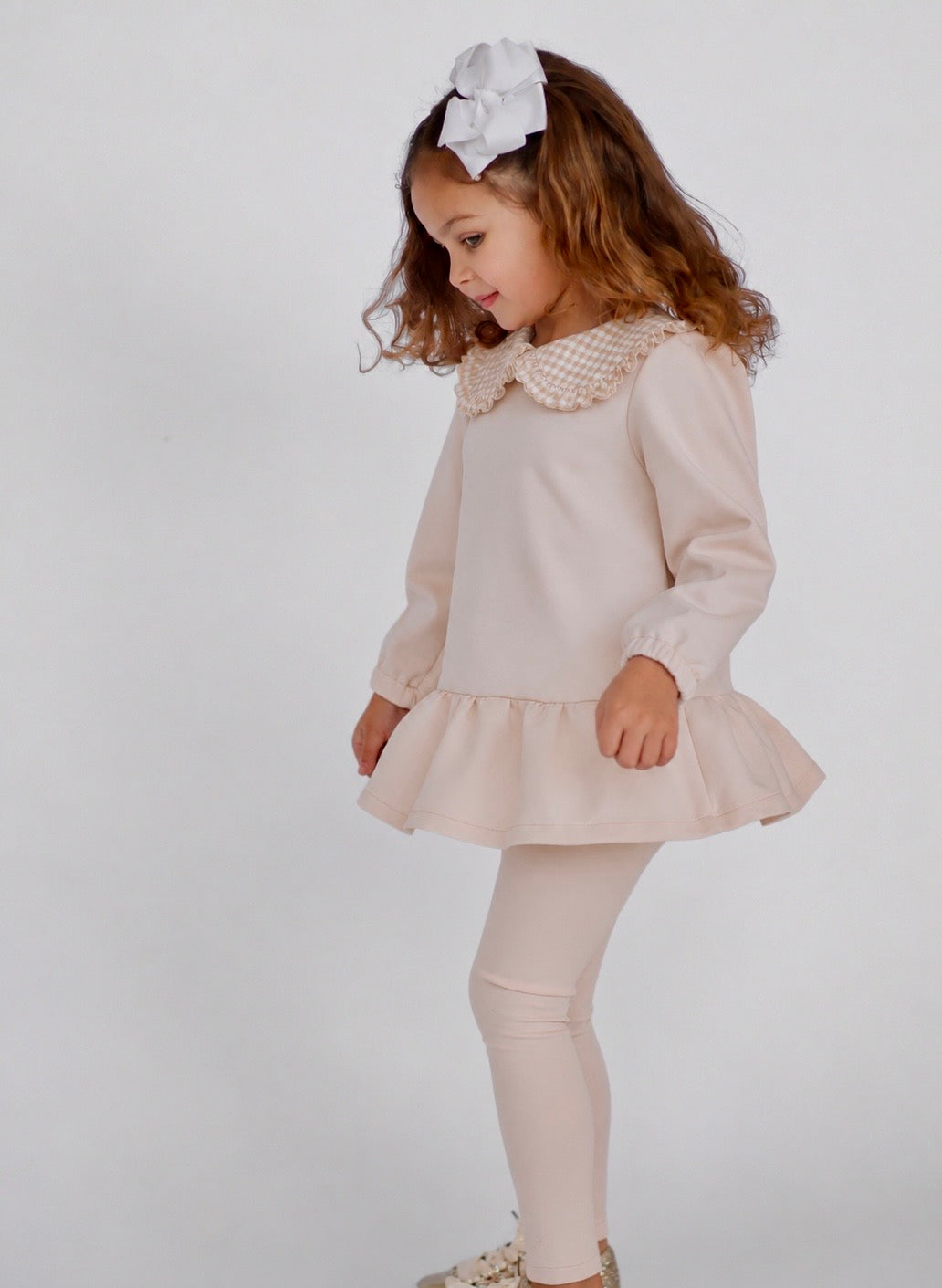 Posey Luxe Girls Checked Jumper & Legging Tracksuit Set Beige