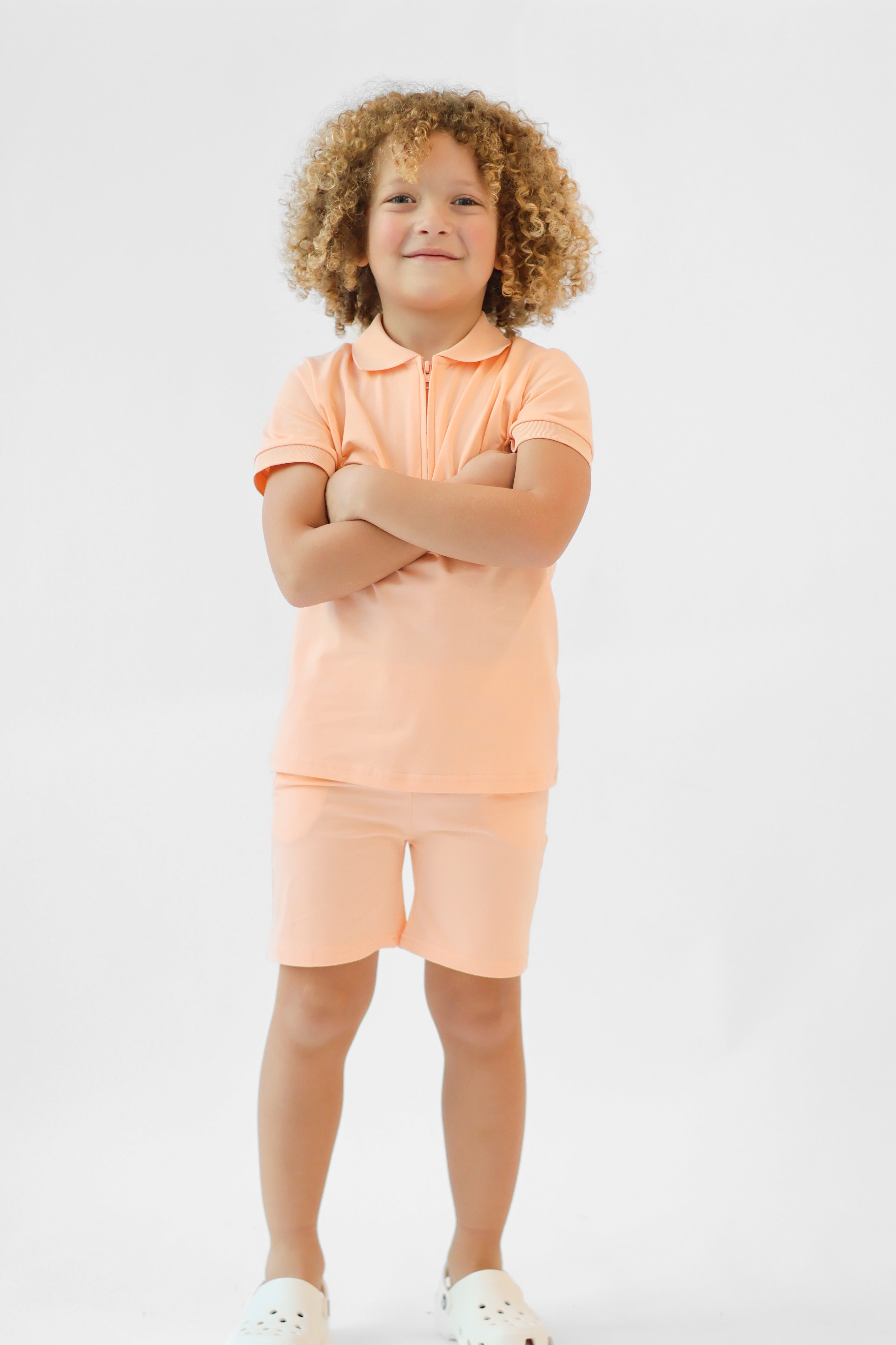 Jay Boys Plain Zip Up Polo Short Set Peach