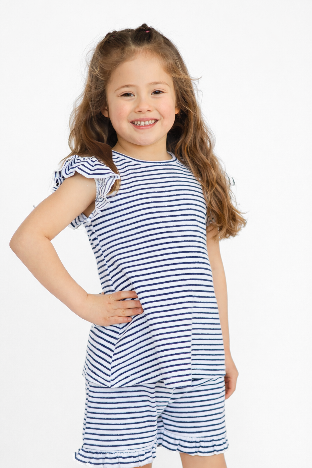 Lucy Frilly Stripe Terry Towelling Shorts & Top Set Navy