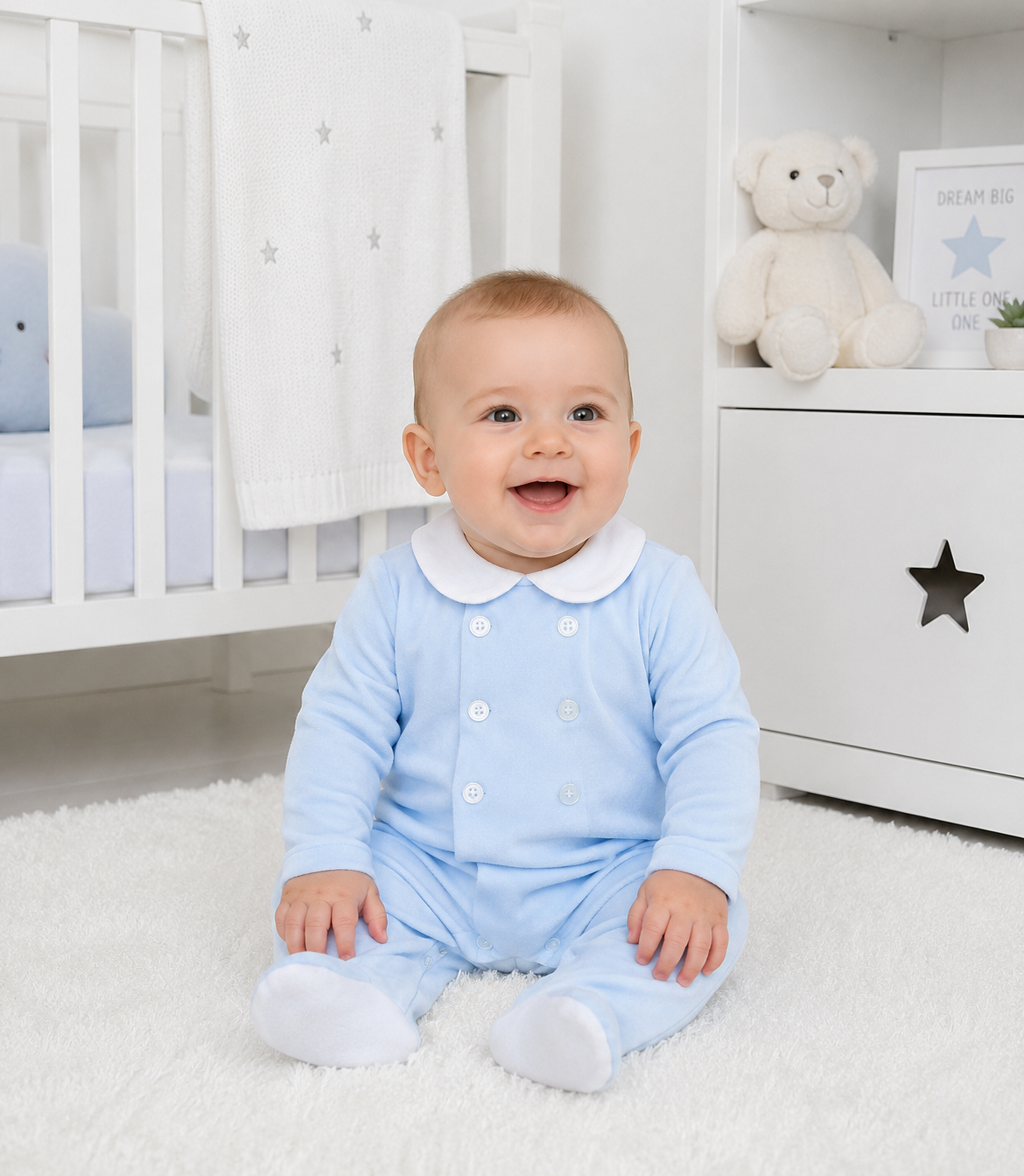 Baby Boys Peter Pan Collar Button Front Babygrow Baby Blue