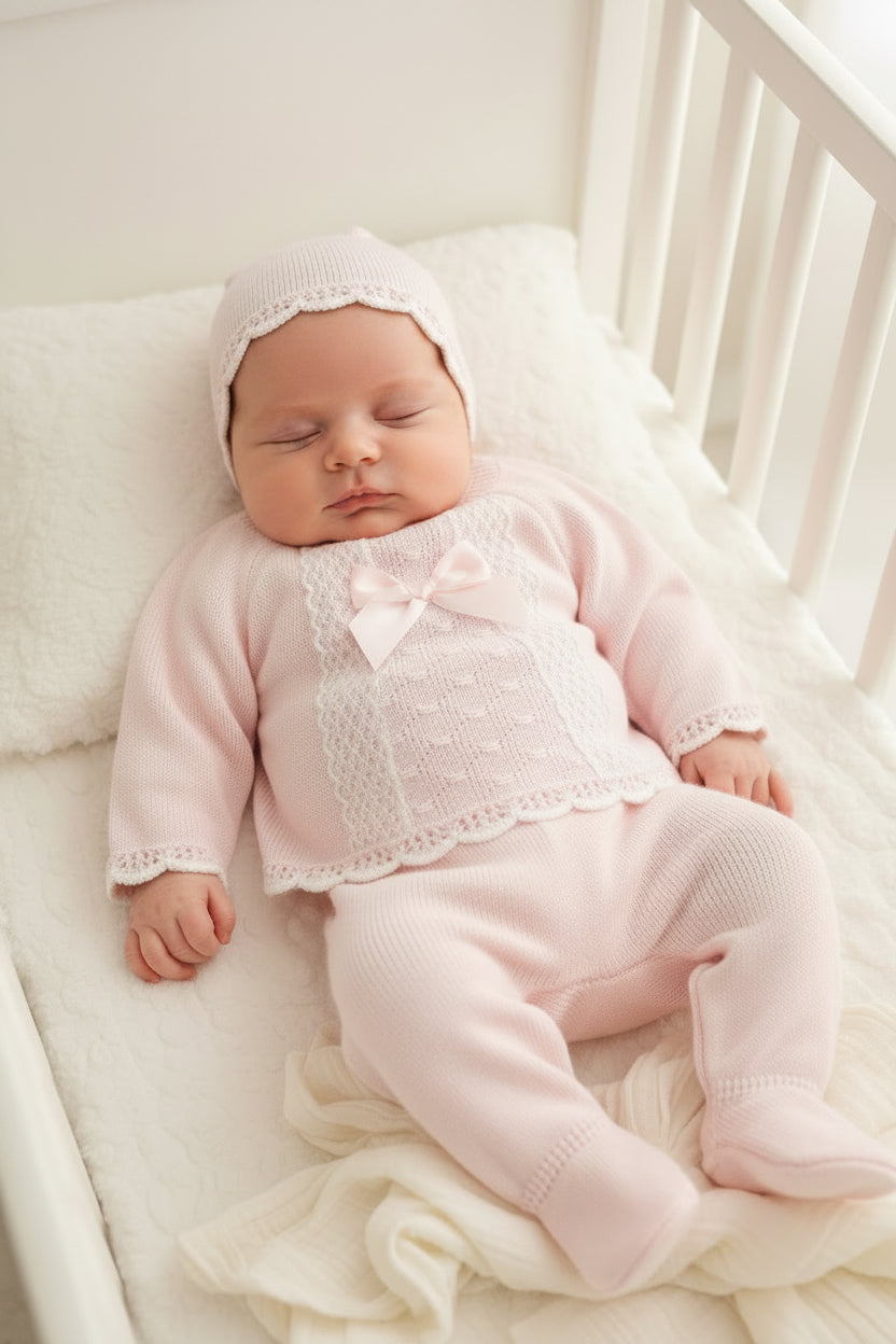 Tilda Pink Lace and Satin Bow 3 Piece Baby Set Pink