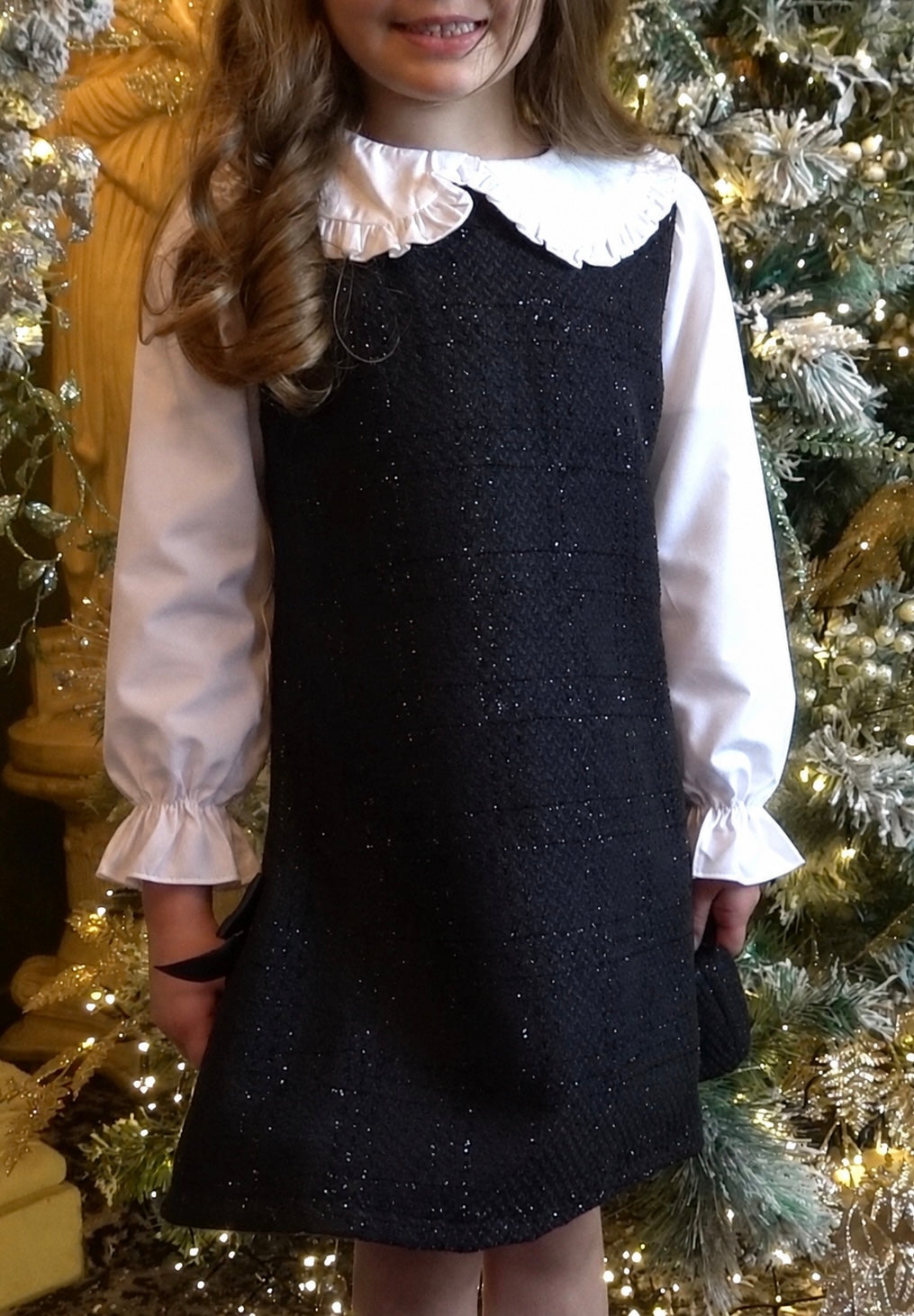 Roma Girls Tweed look Shimmer Shirt Dress Black