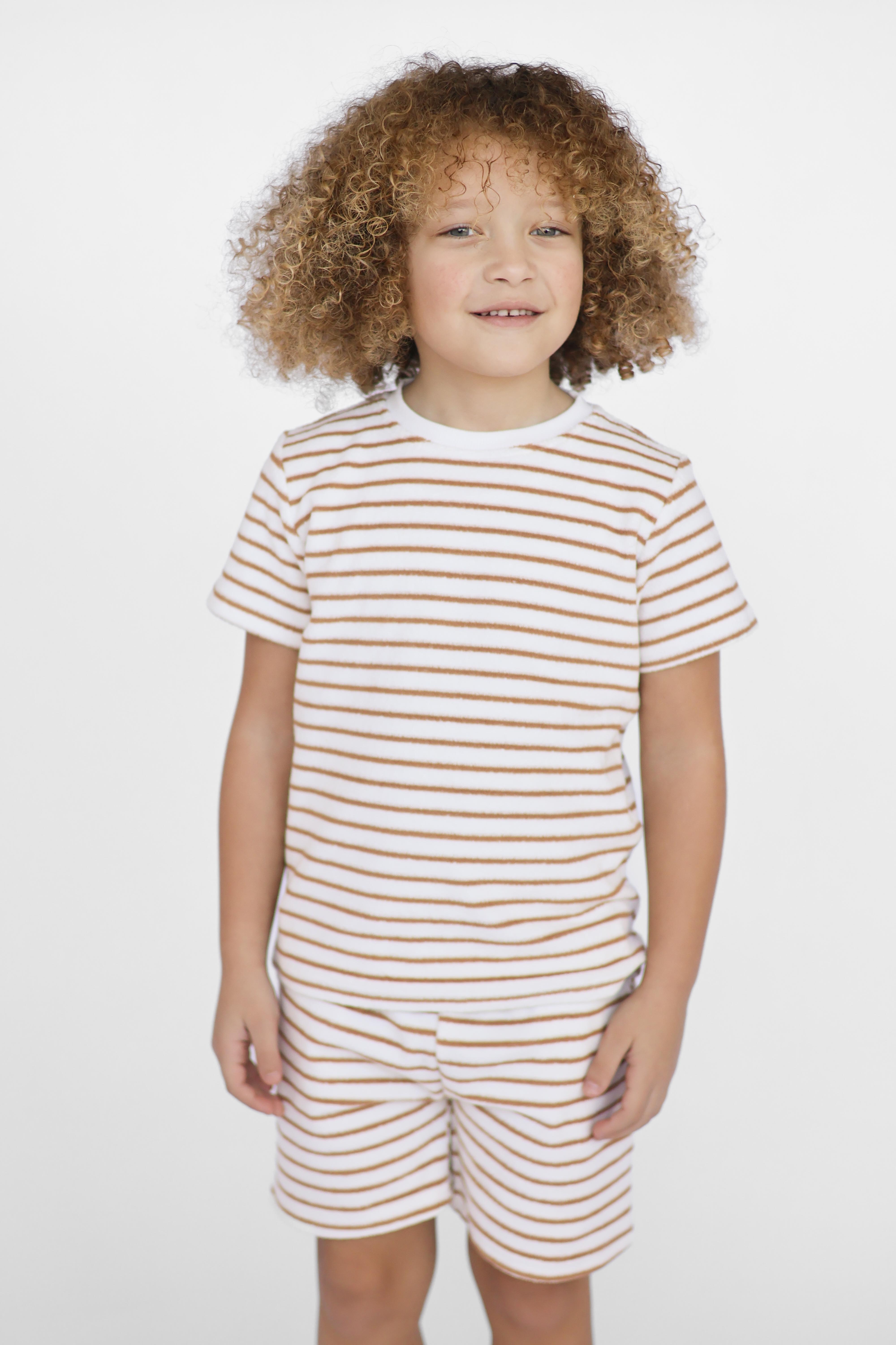 Leo Boys Stripe Towelling Plain Shorts & T-Shirt Set Beige