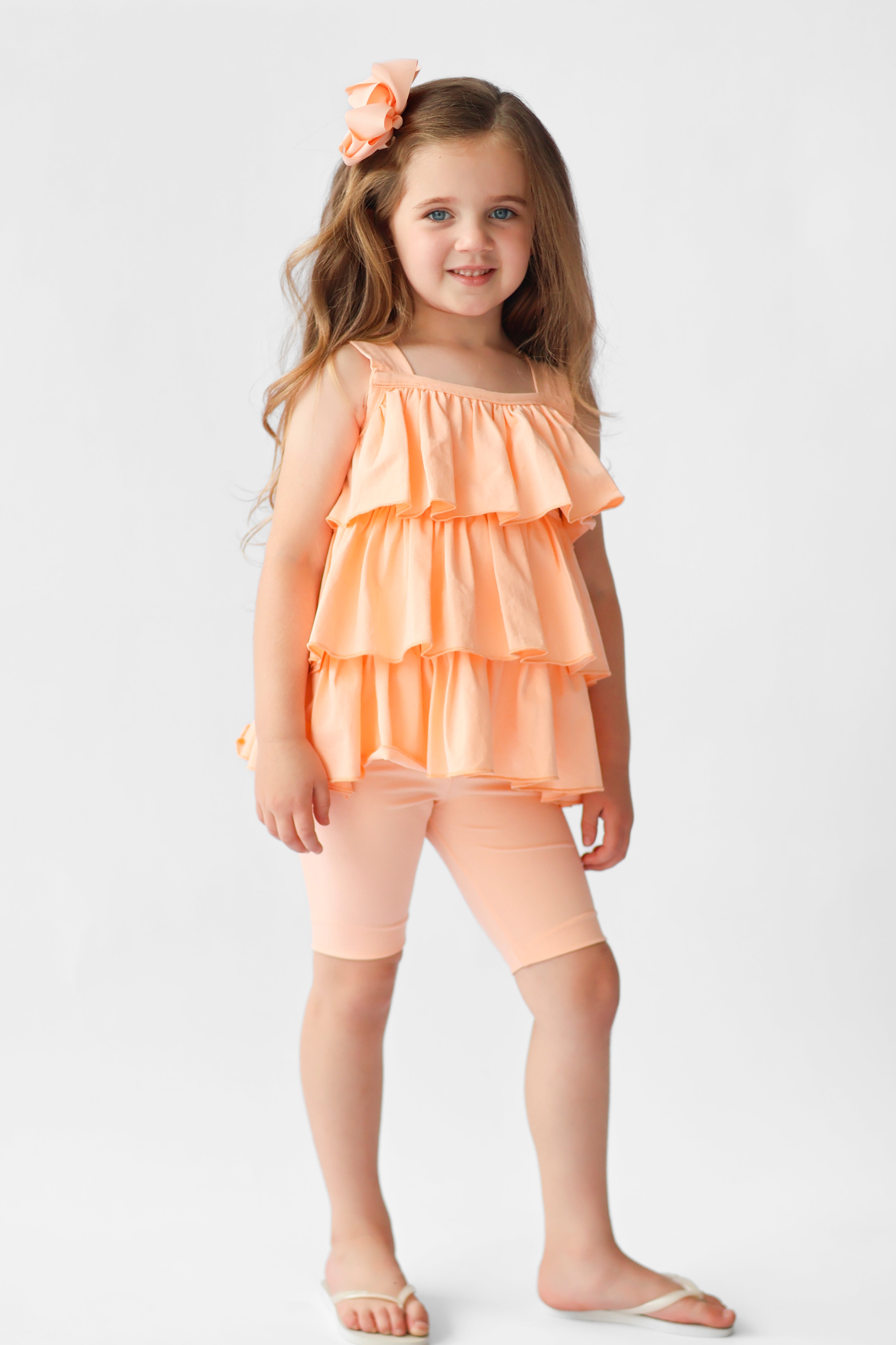 Eva Girls Frilly Ruffle 3 Piece Top Shorts & Leggings Set Peach