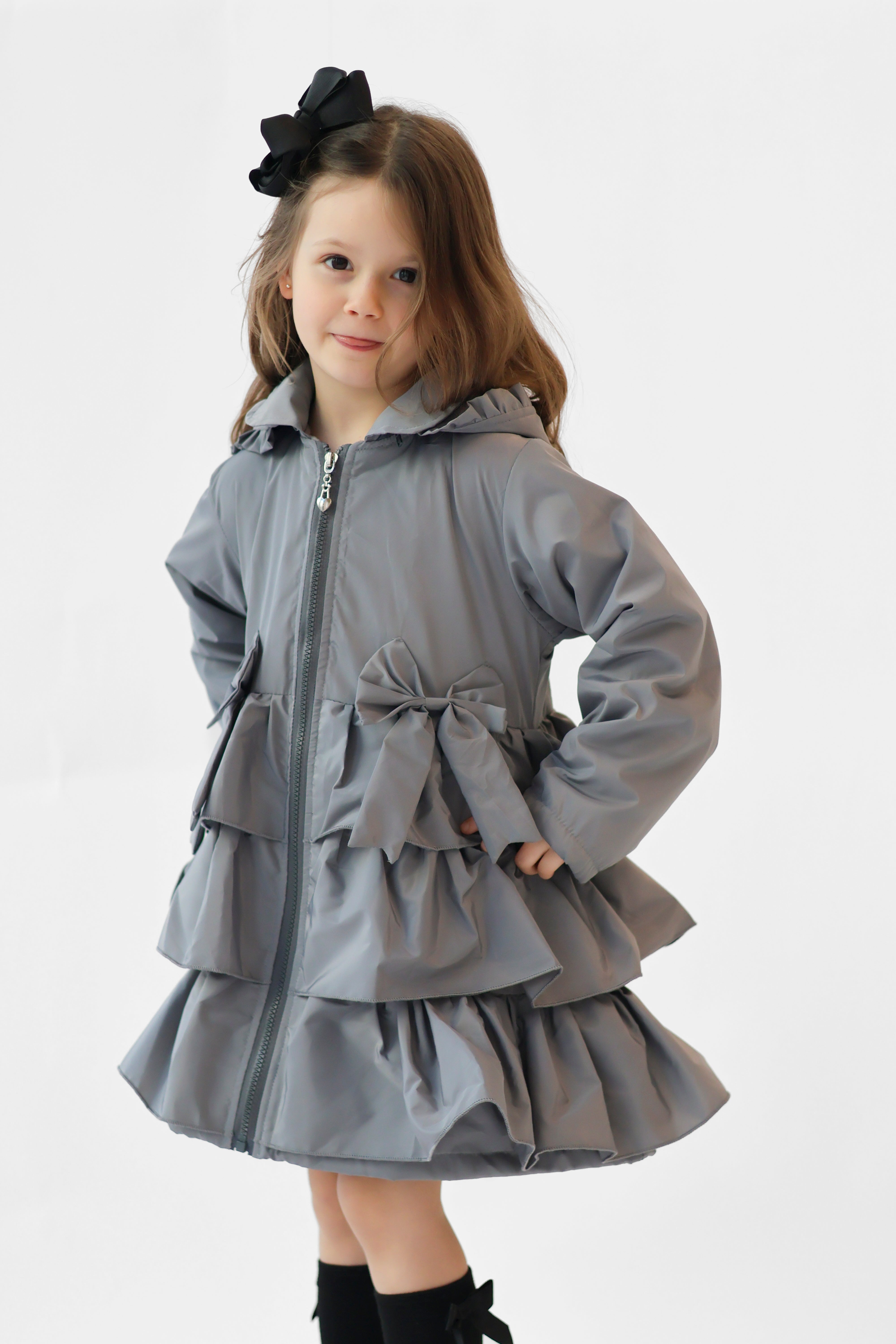 Martine Girls Frilly Bow Fleece Lined Rain Jacket Grey