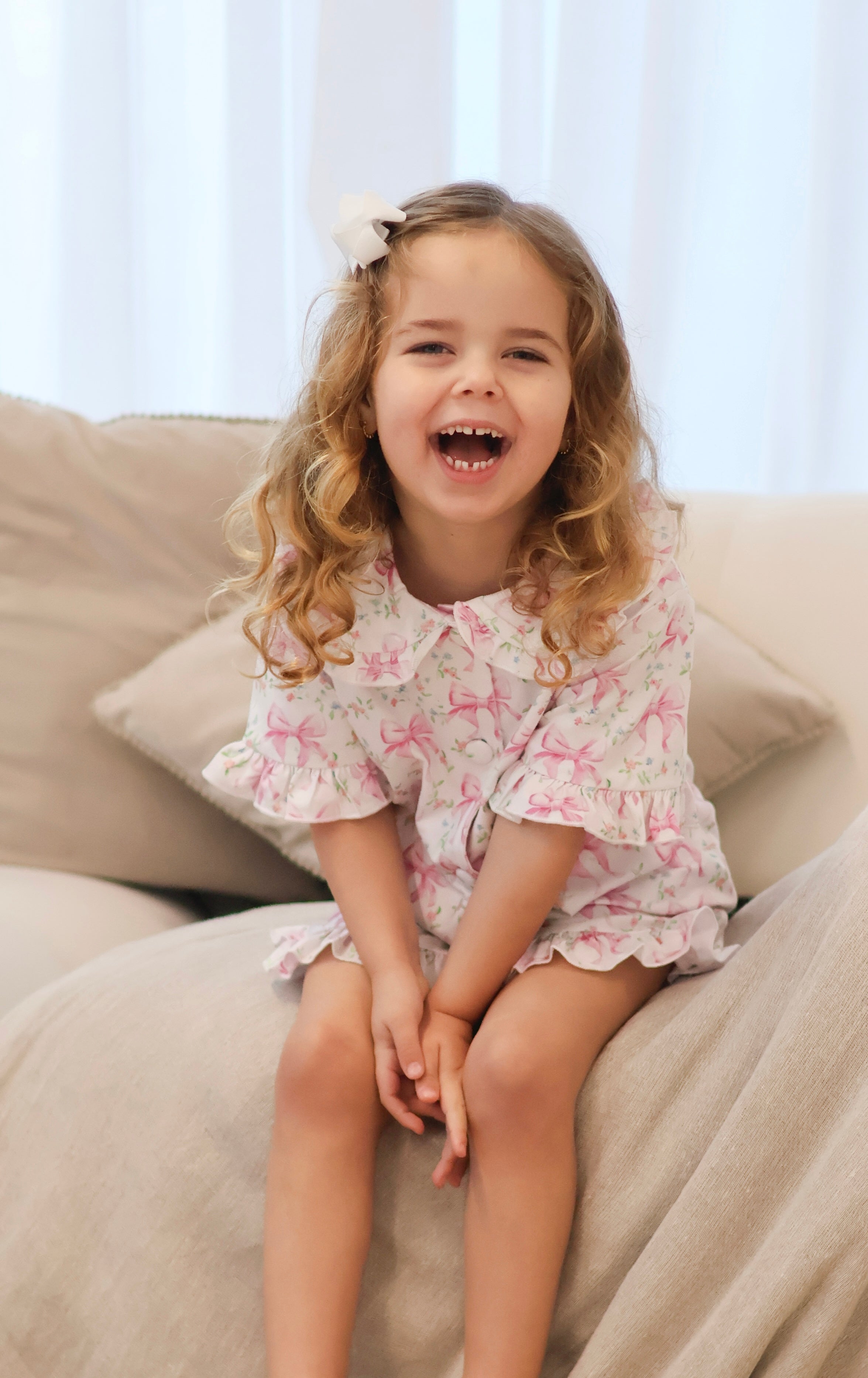 Floral Bow Short Sleeve Girls Frilly Pink Pyjamas