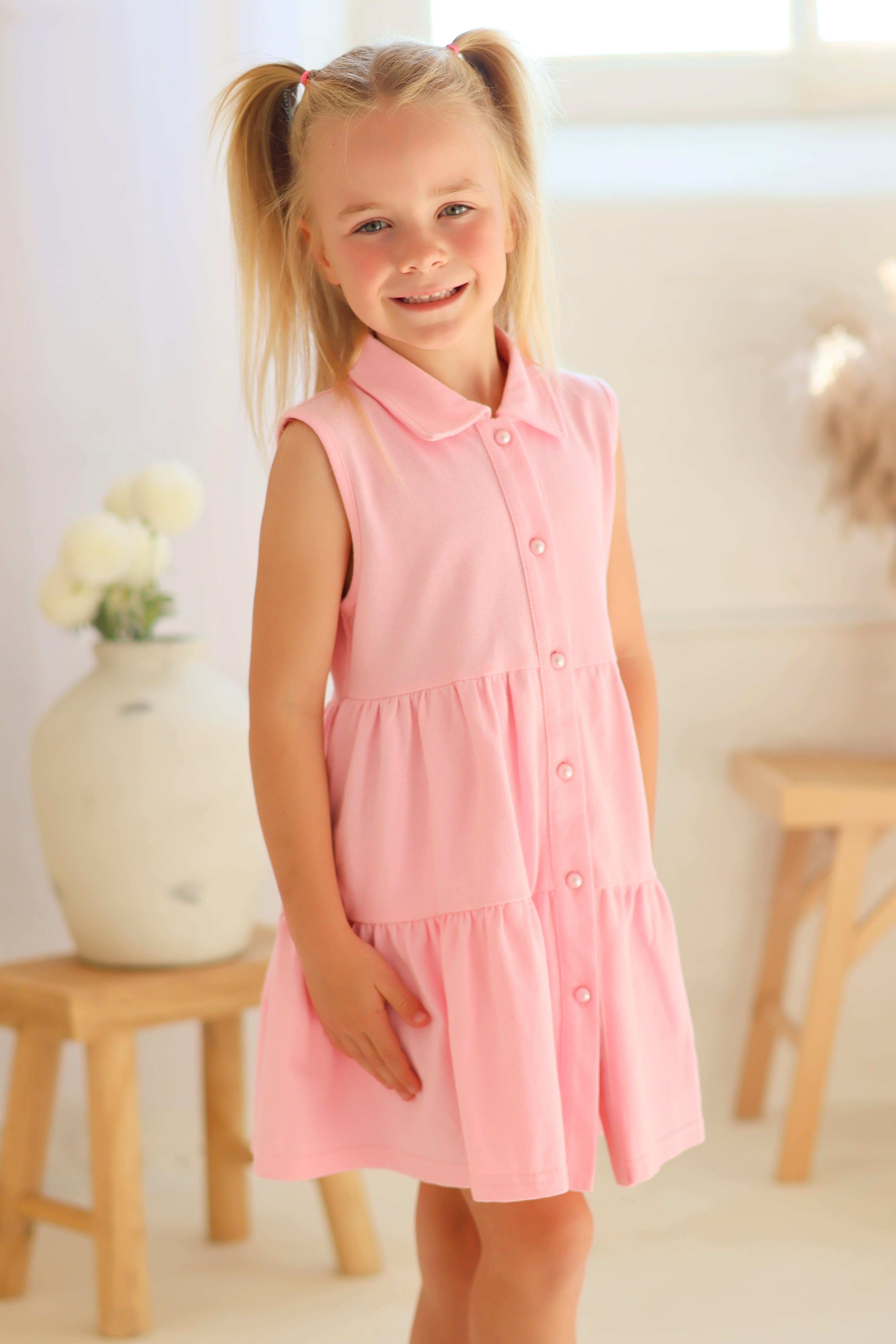 Maya Girls Pearl Button Polo Dress Pink