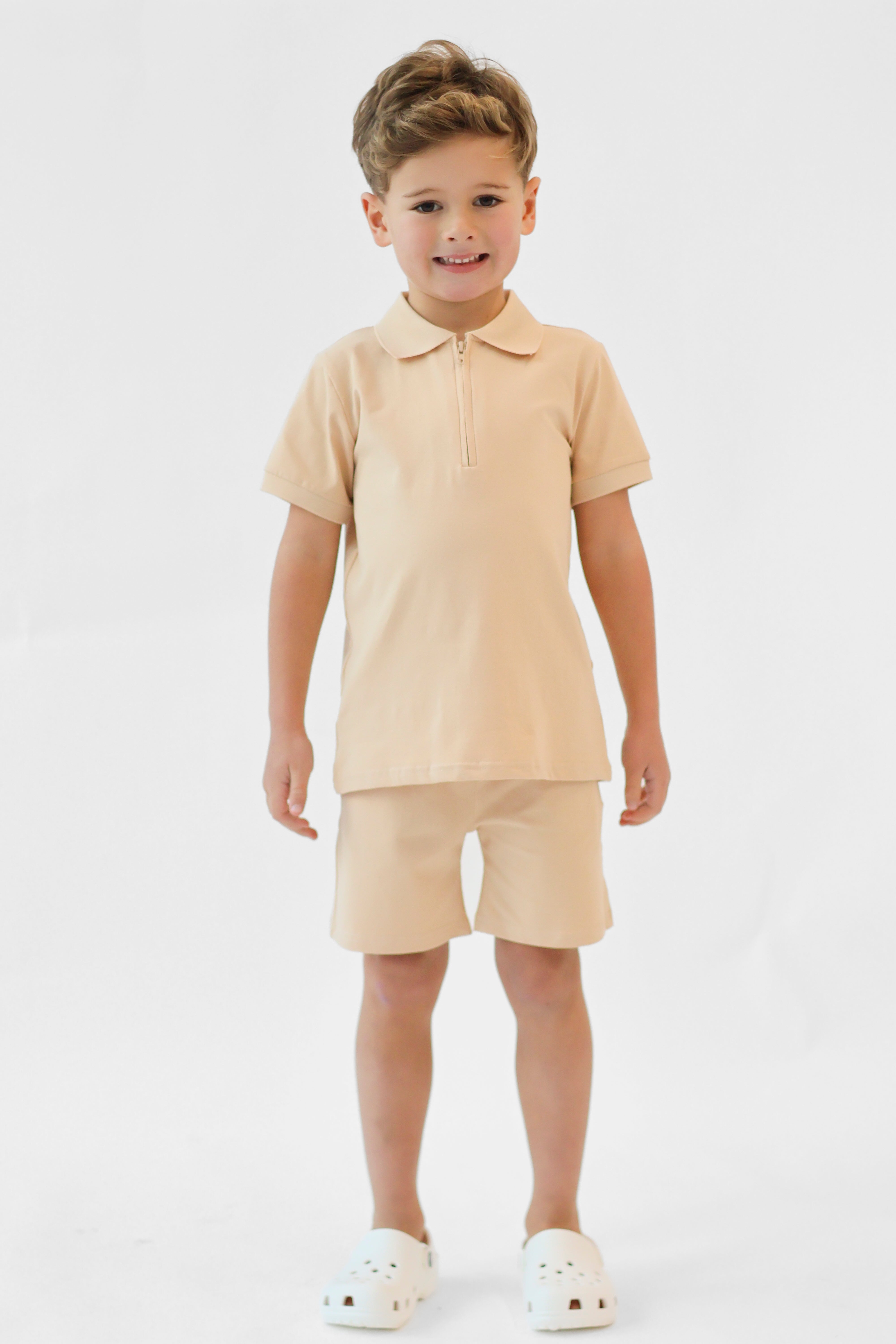 Jay Boys Plain Zip Up Polo Short Set Beige