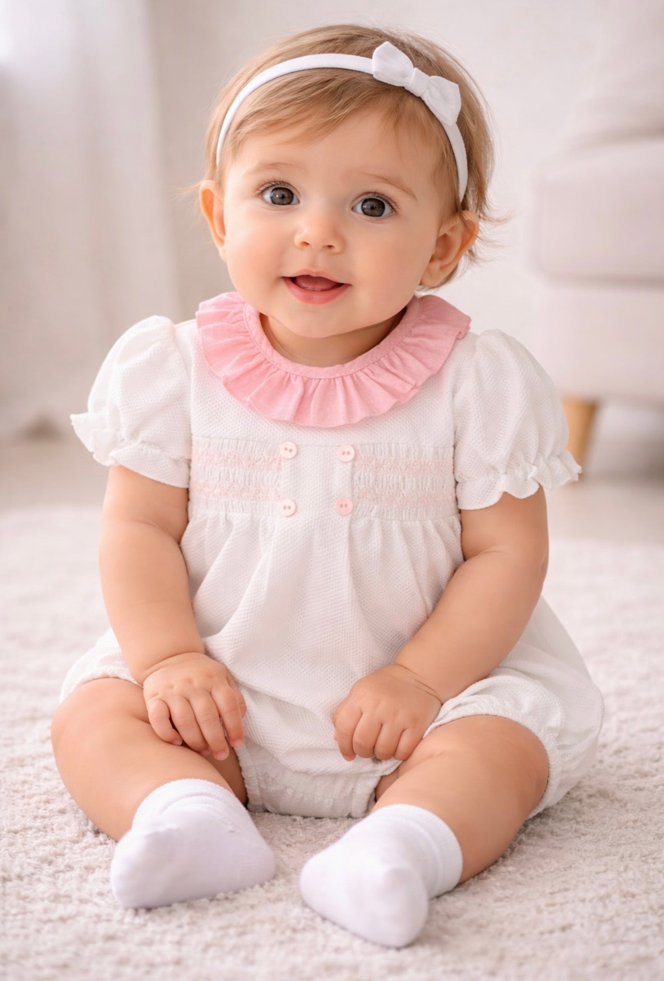 32361 Babidu Frilly Smocked Romper Pink