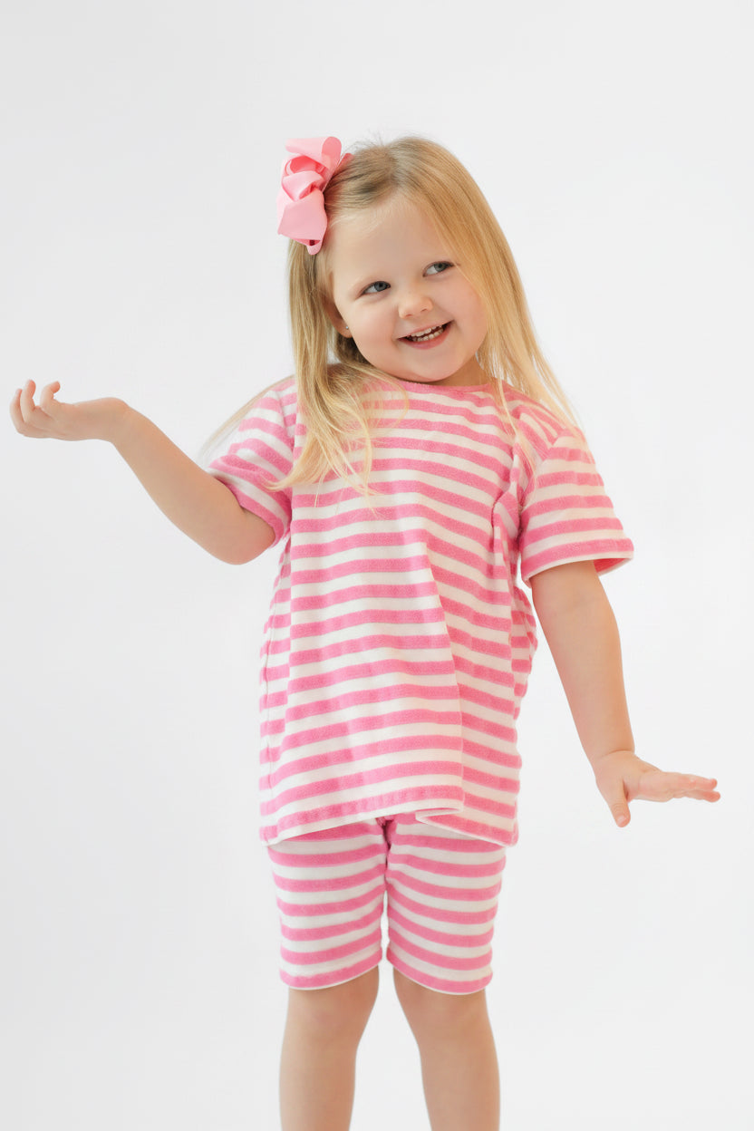 Pink Striped Girls Terry Towelling Frilly Cycling Short Set