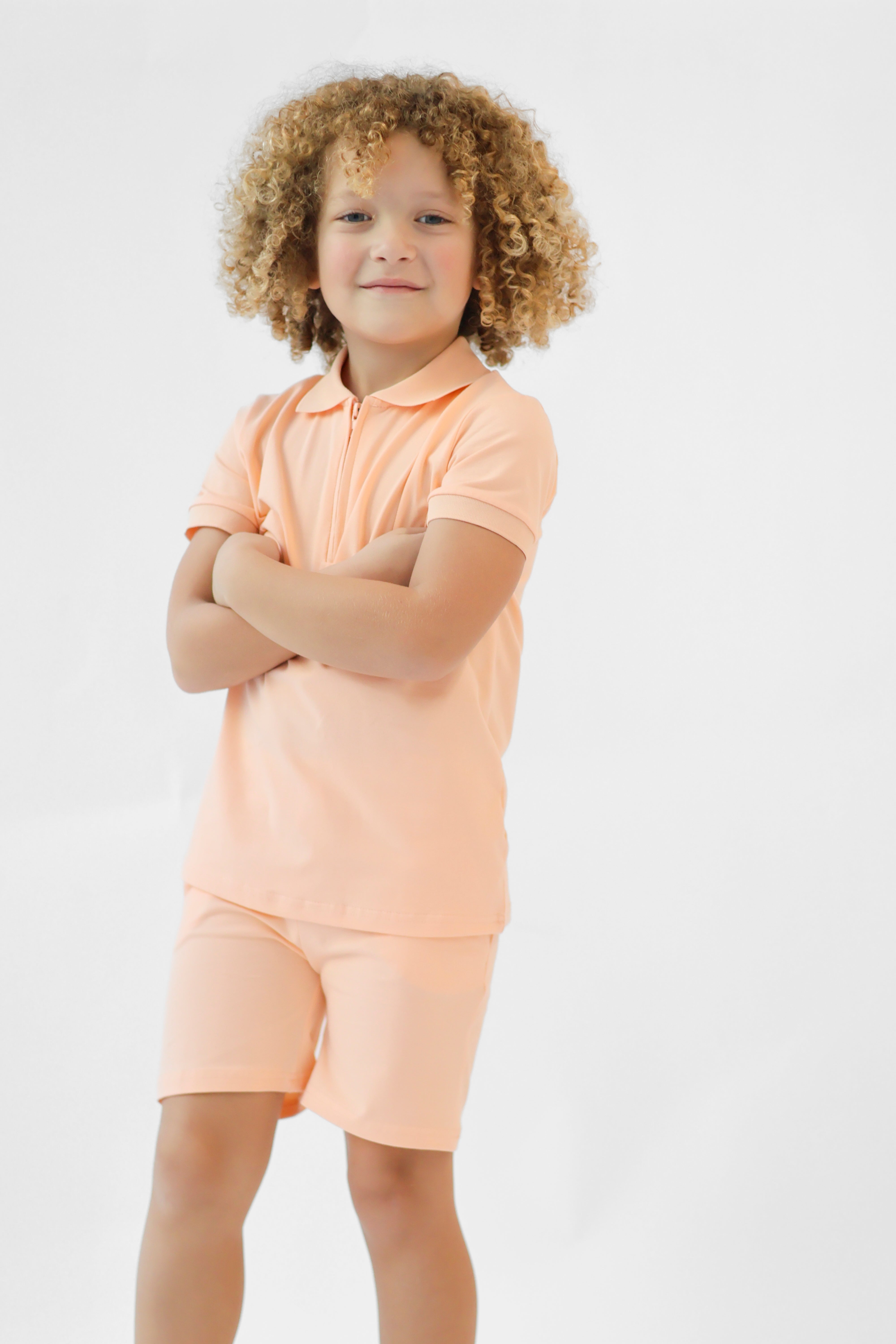 Jay Boys Plain Zip Up Polo Short Set Peach