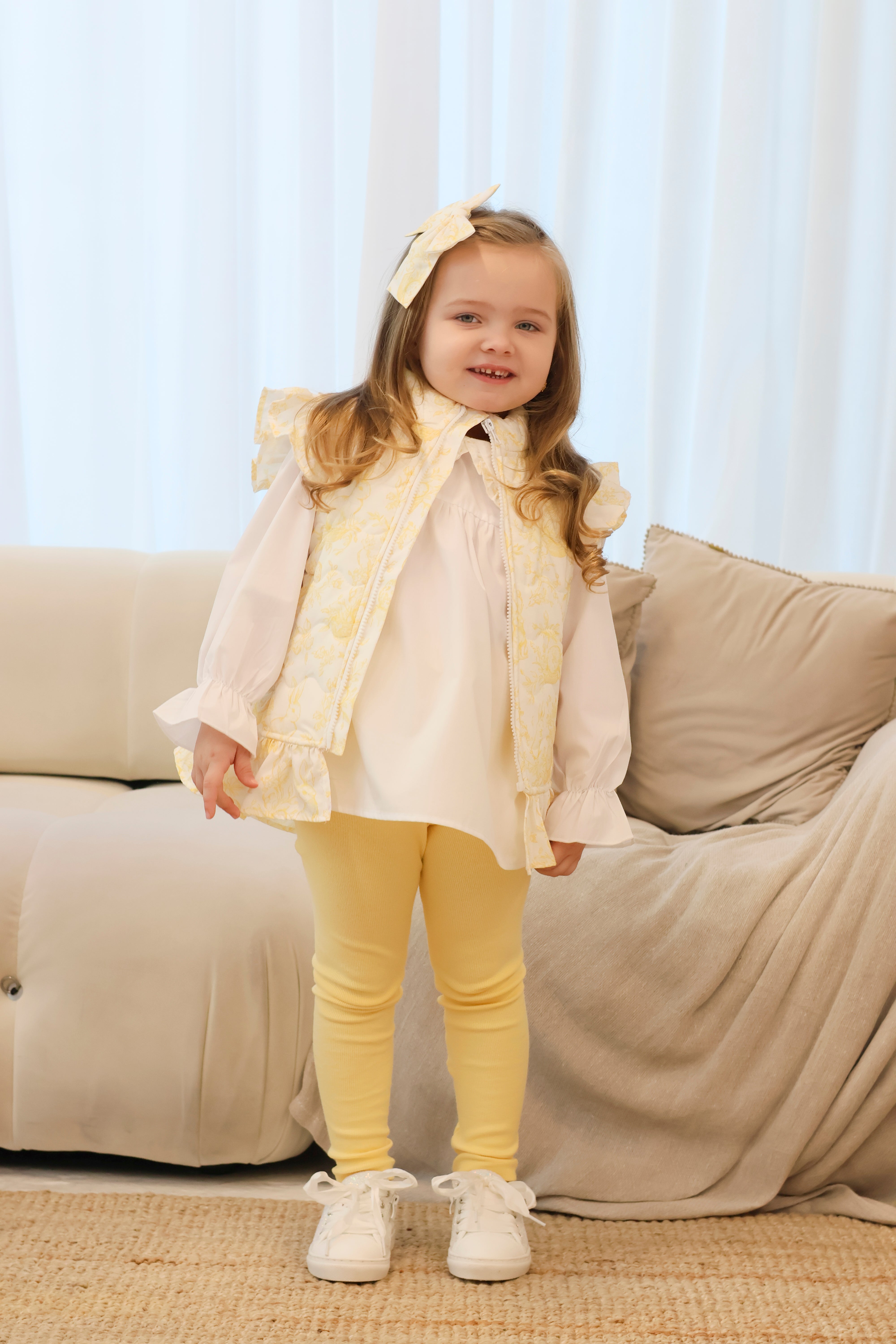Girls Bunny Print 3 Piece Legging & Shirt Set With Gilet Lemon