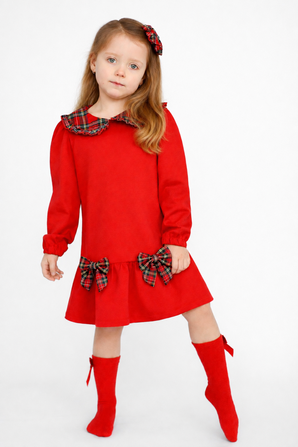 Esmae Girls Tartan Bow Frill Dress Red
