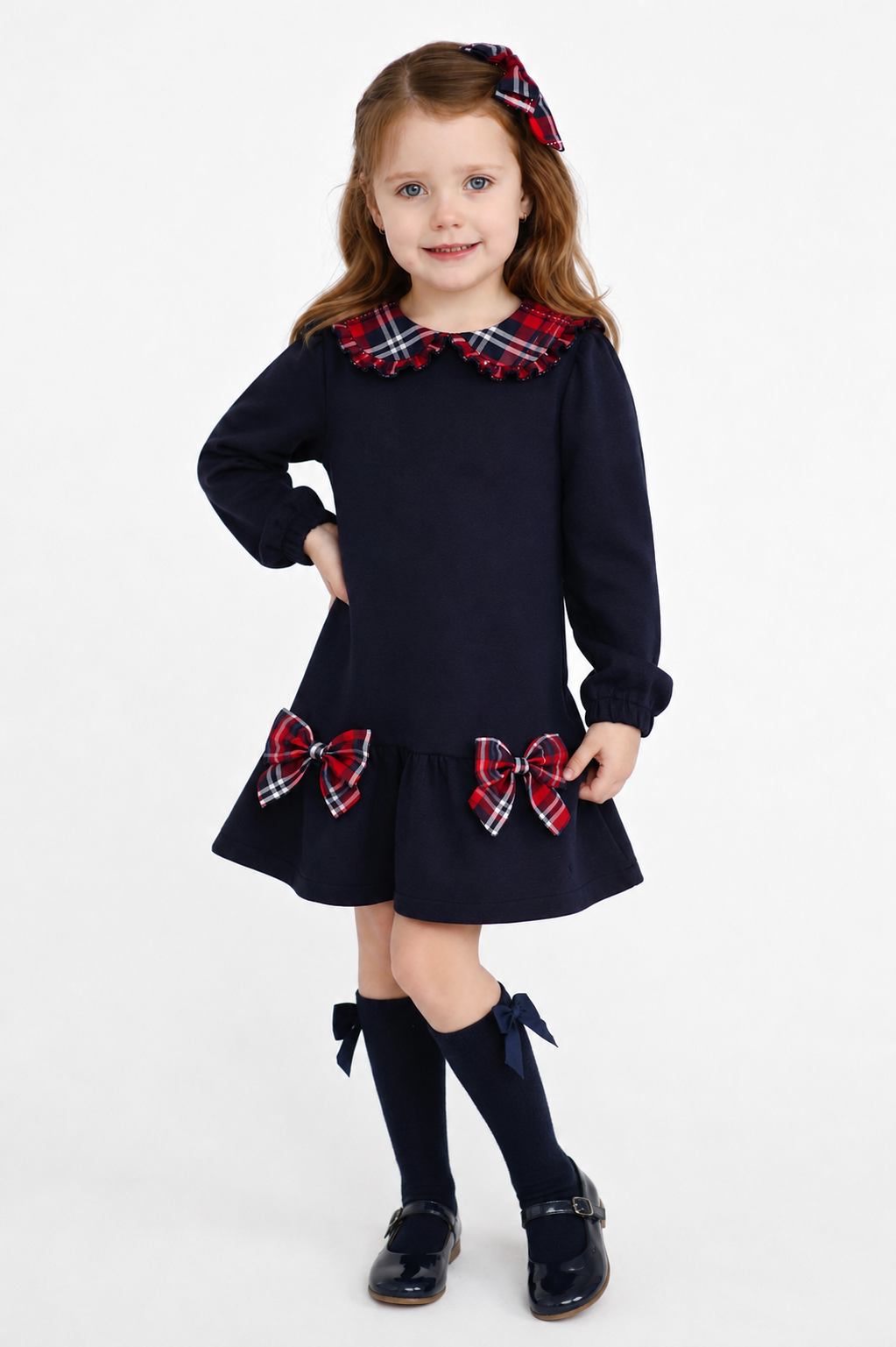 Esmae Girls Tartan Bow Frill Dress Navy