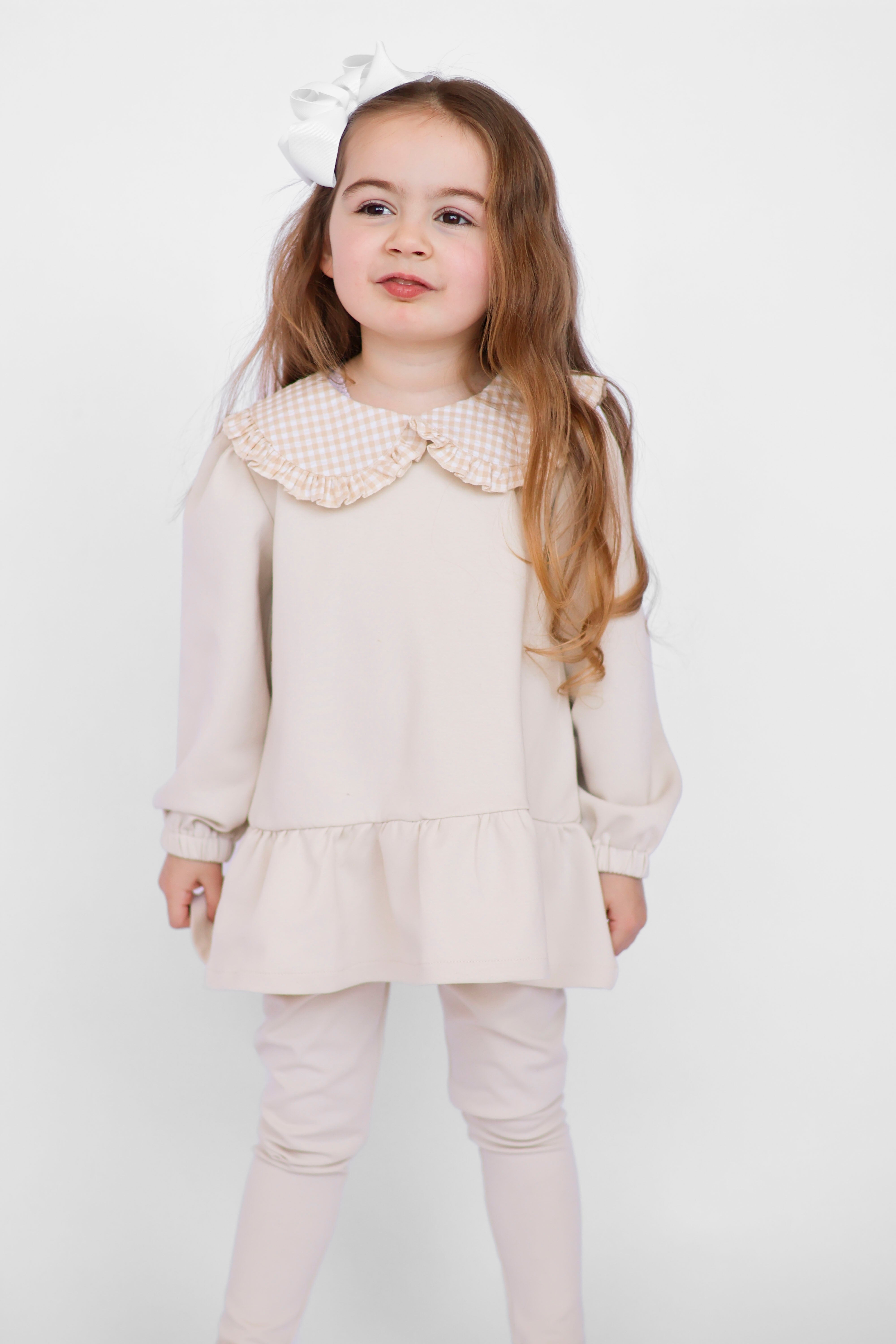 Posie Luxe Girls Check Collar Top & Legging Tracksuit Set Beige