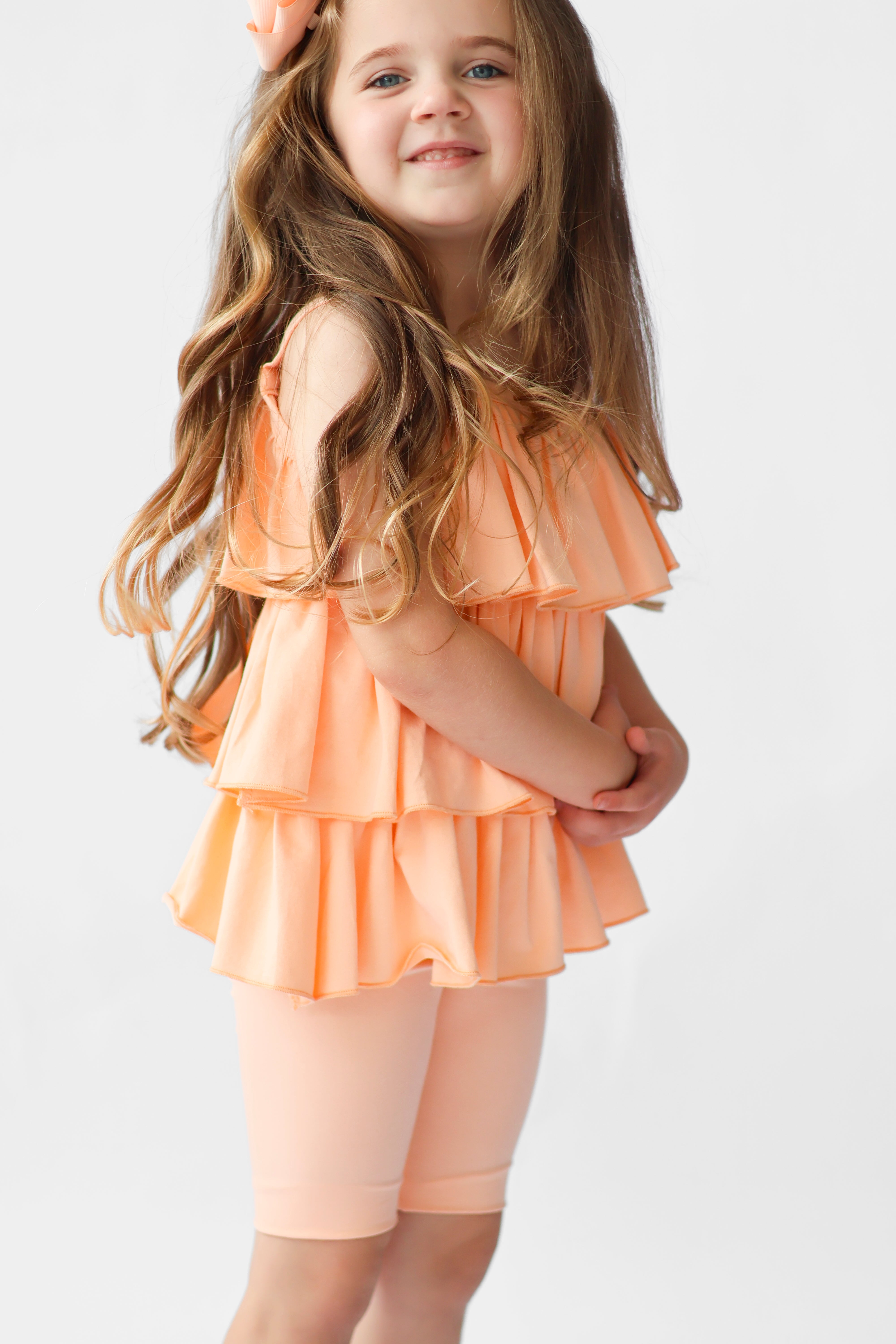 Eva Girls Frilly Ruffle 3 Piece Top Shorts & Leggings Set Peach