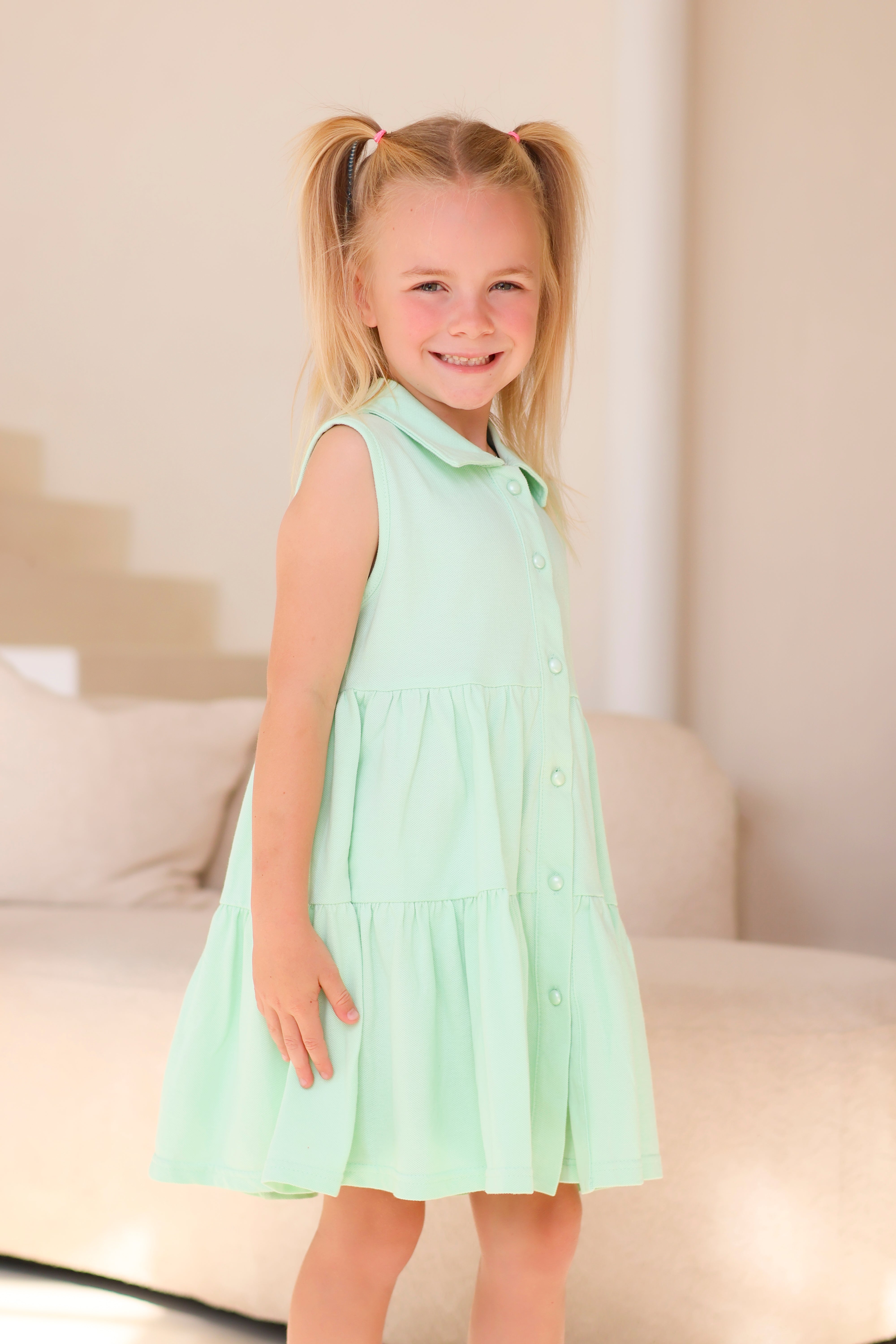 Maya Girls Pearl Button Polo Dress Mint