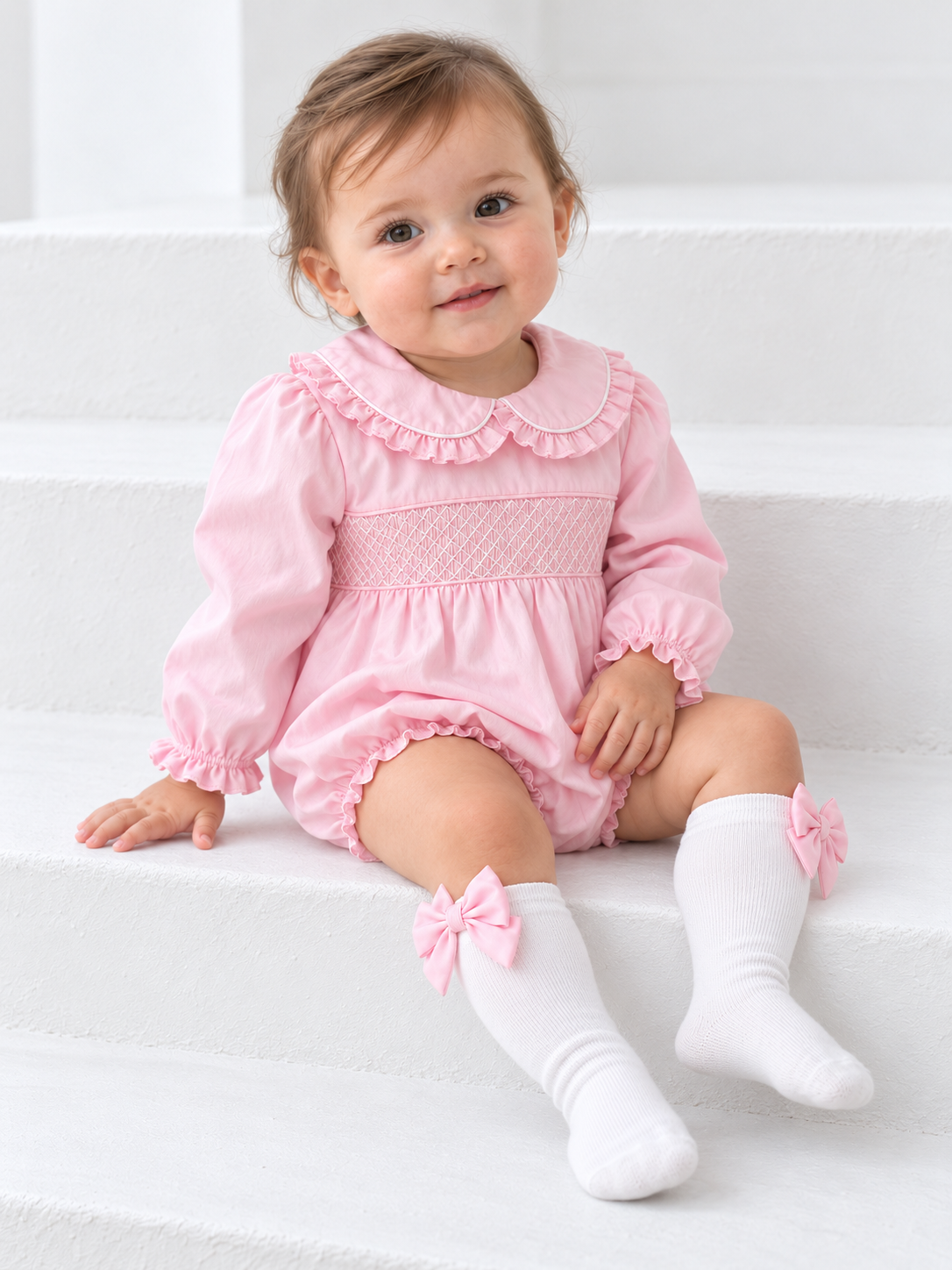 Norah Baby Girls Back Bow Smocked Romper & Bow Socks Set Pink