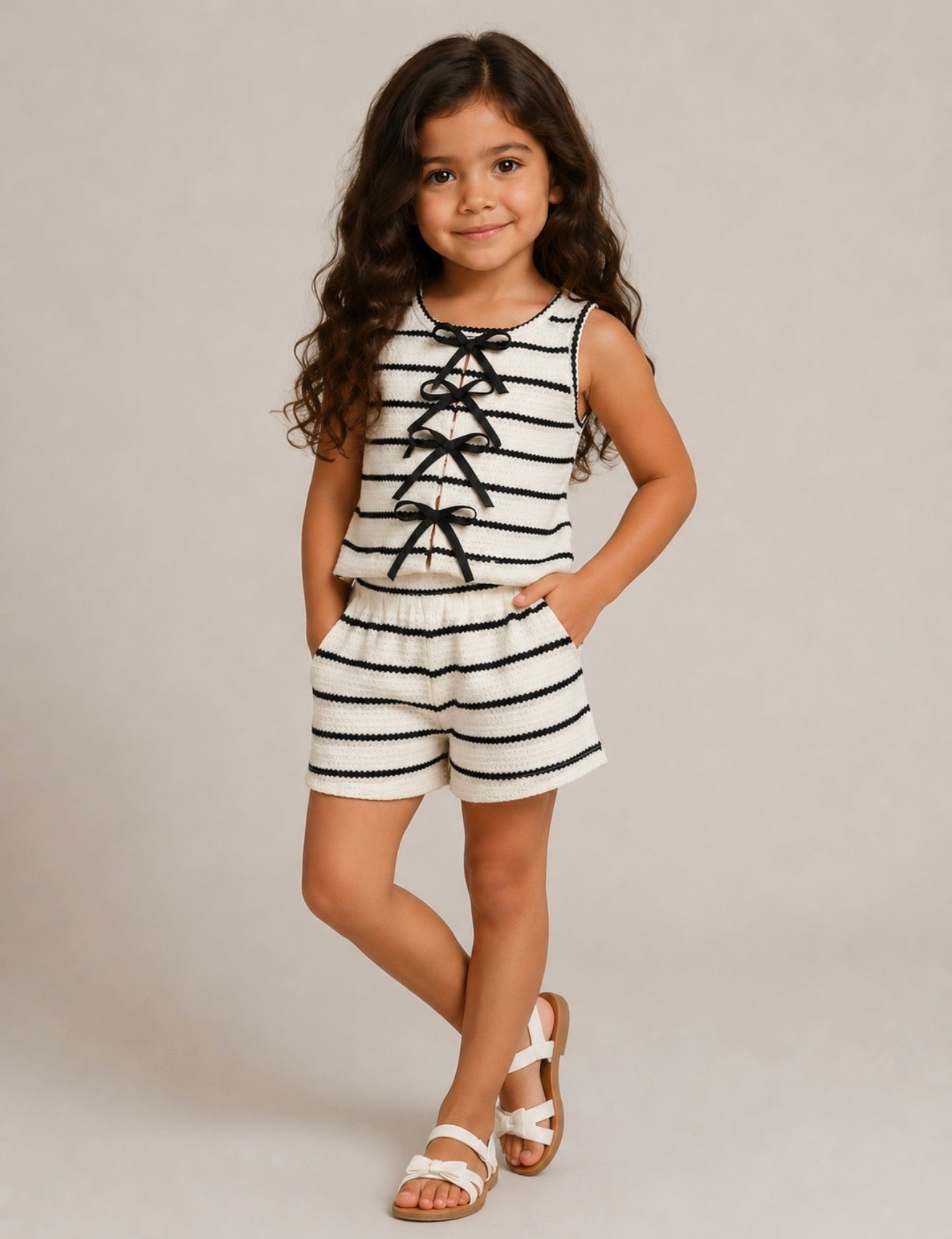 Girls Stripe Short Set With Bow Detail Black