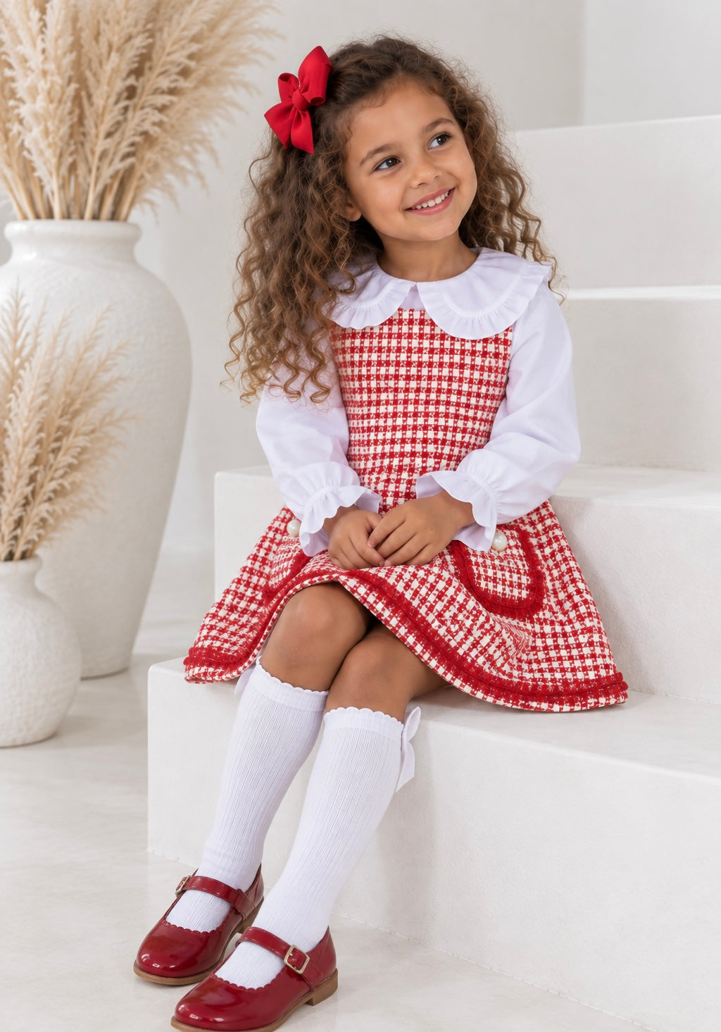 Alaska Girls Tweed look Shimmer Shirt Dress Red