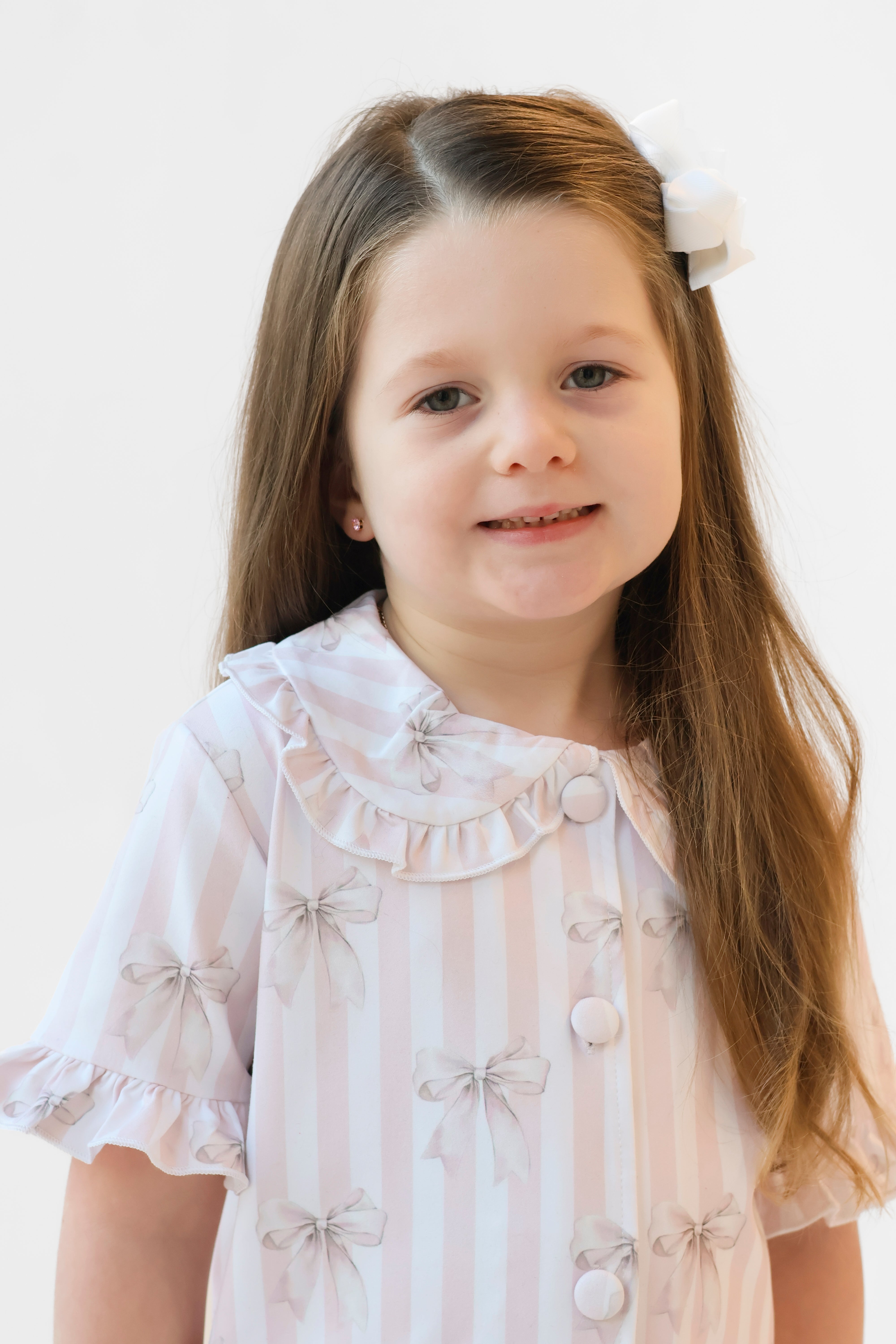 Beige Stripe Bow Short Sleeve Girls Frilly Pyjamas